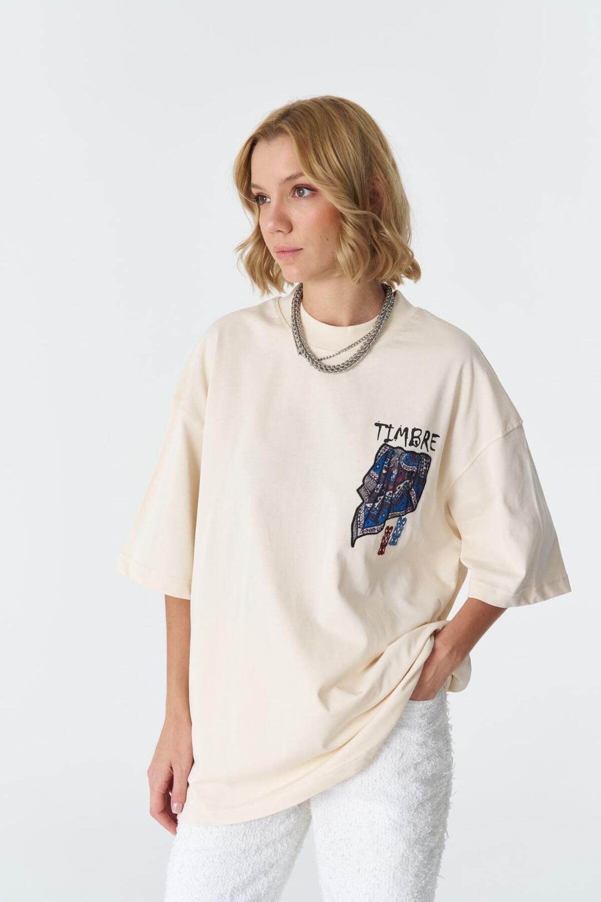 CANMODA Timbre Oversize %100 Pamuk T-Shirt - Taş