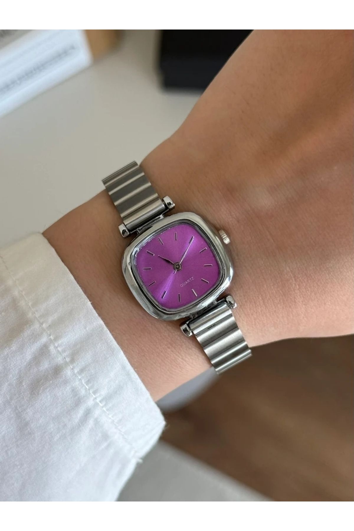 RoseandRoses Paul Minimal Blok Kordon Kadın Kol Saati Gümüş (Mor Kadran)