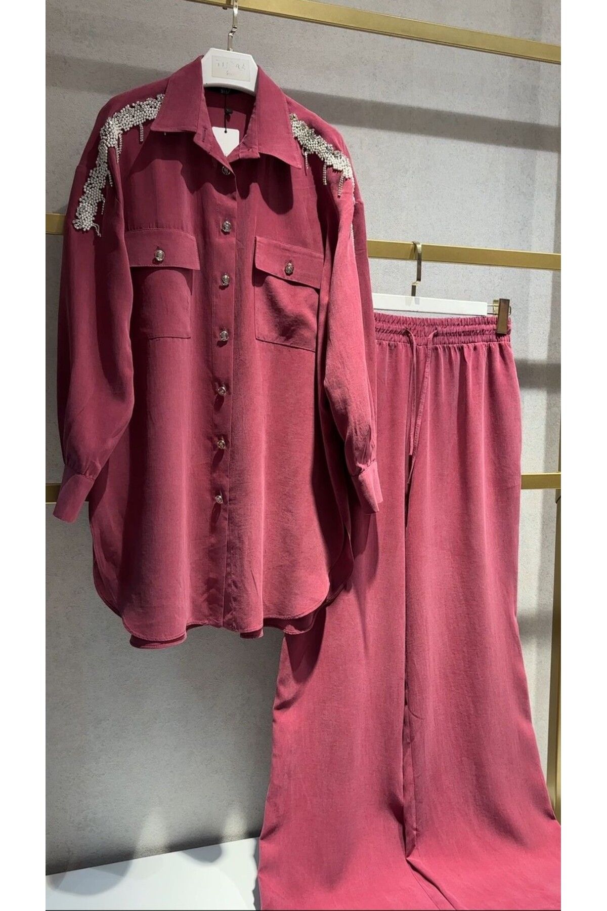Tuğba Hijab Kadın Bordo İnci Detaylı Düğmeli Liyosel Takım