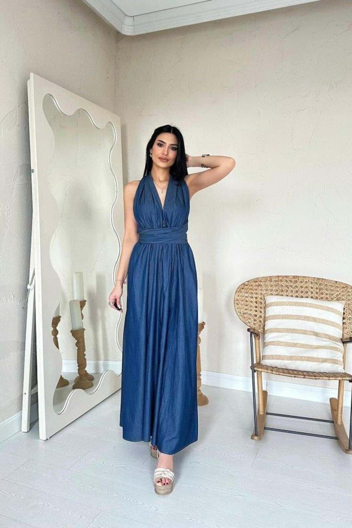 Inciqueen Mavi Bağlamalı Elbise