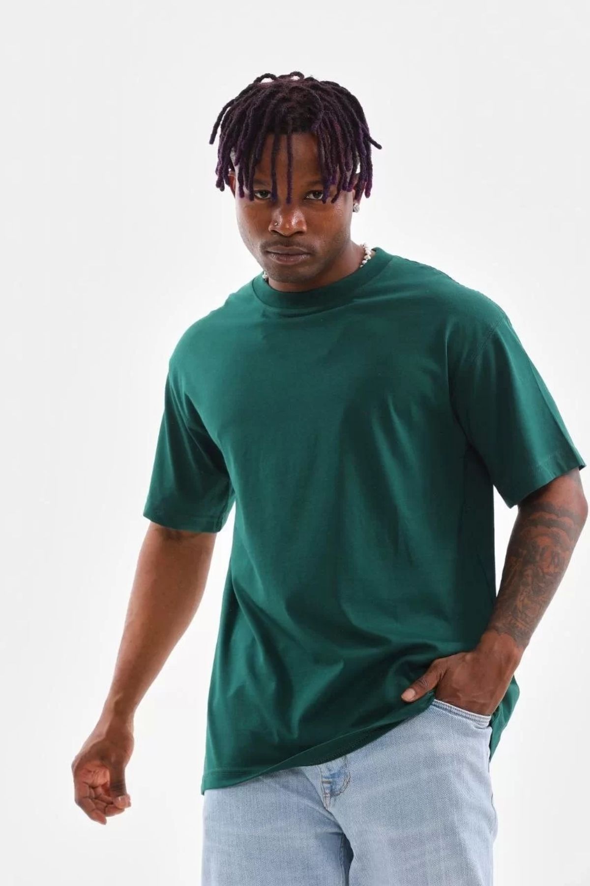 CanselButik Unisex Oversize Düz Bisiklet Yaka T-Shirt - Koyu Yeşili