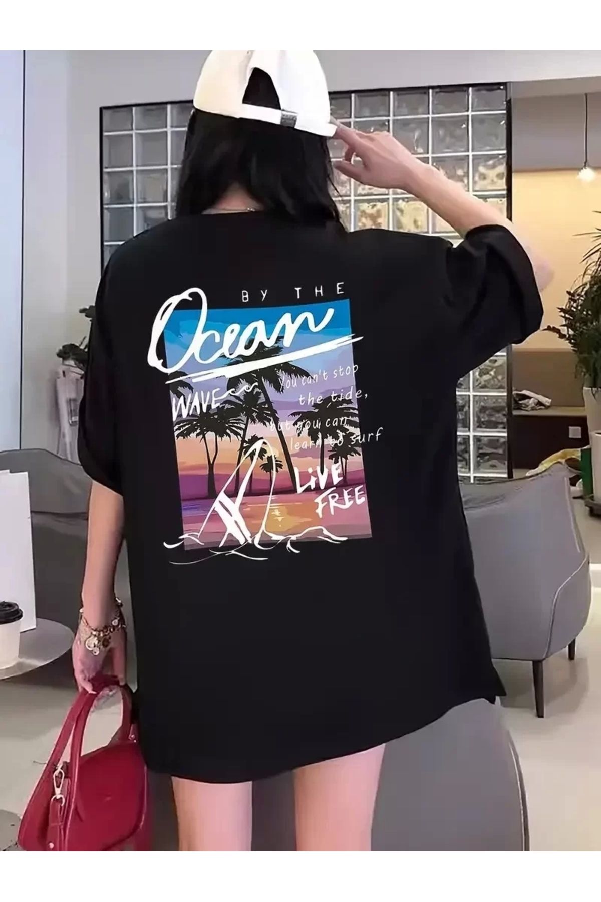 BÜŞRA TEZEL MODA Kadınlar İçin Geniş Kesim Tişört - Kısa Kollu, Bol Kesim, Manzaralı Okyanus Baskı, Günlük Yazlık Üst
