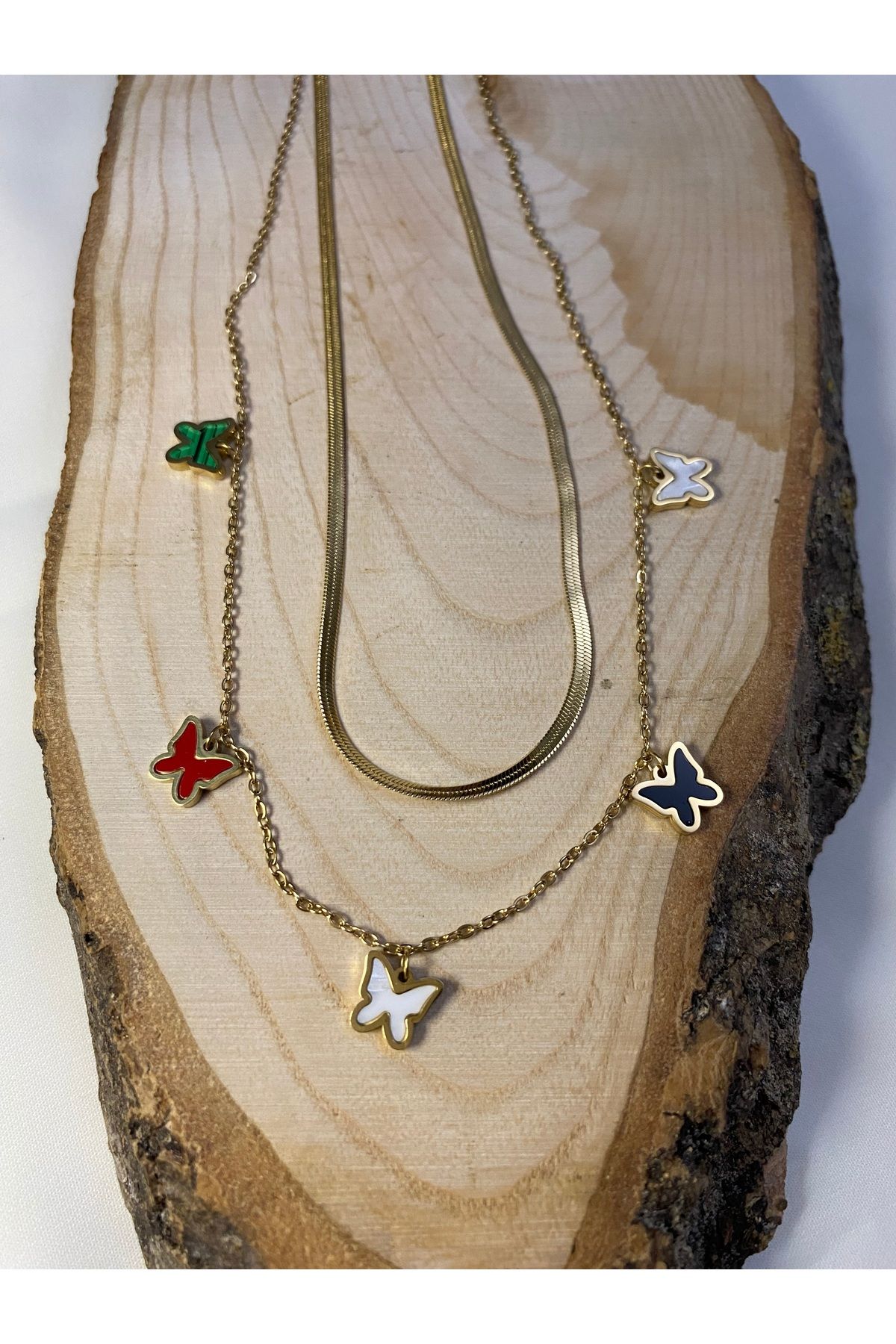 asem jewelry MİNİK RENKLİ KELEBEK DETAYLI ÇİFT ZİNCİRLİ ÇELİK KOLYE