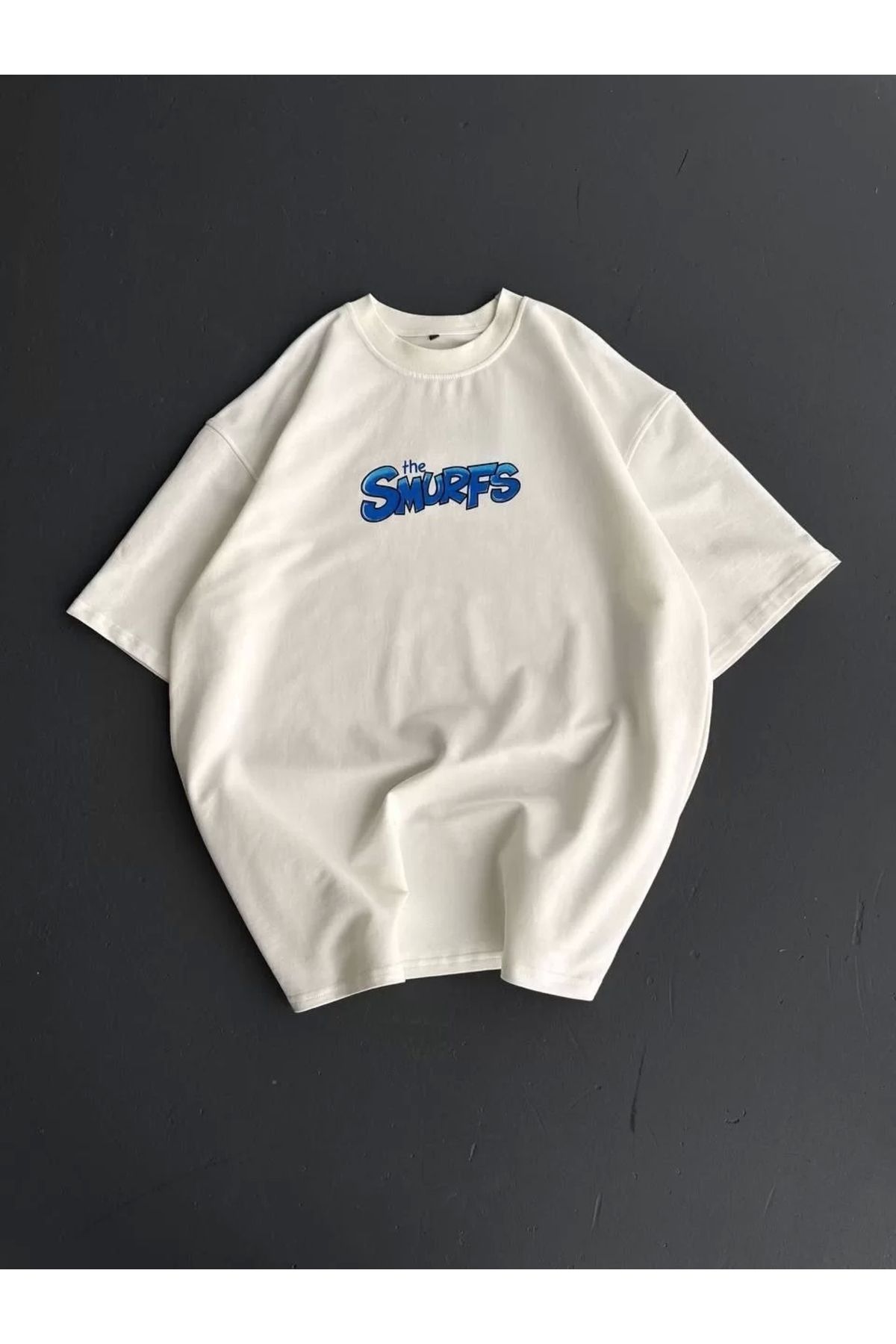 CanselButik Ön ve Arka Baskılı Oversize Bisiklet Yaka T-shirt- Beyaz