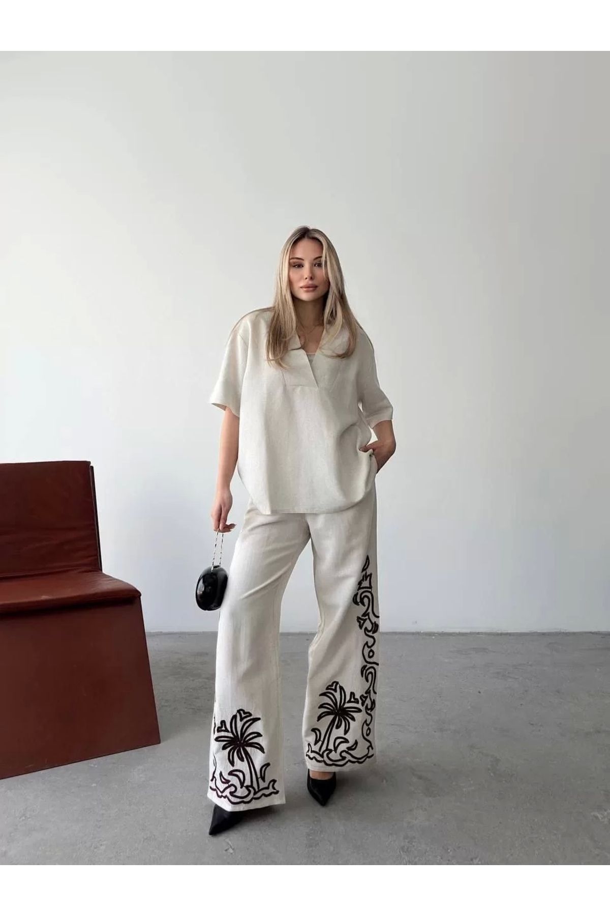 BÜŞRA TEZEL MODA Keten Kısa kolu V Yaka Bluz Pantolon ikili Takım- Beyaz