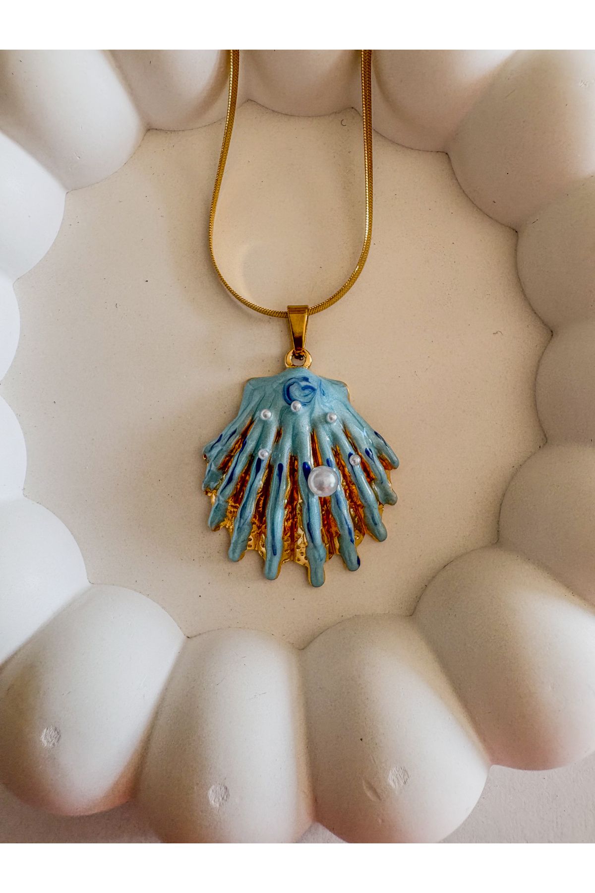 LeyyaJewelry İnci Detaylı Mavi Midye Deniz Kabuğu Çelik Kolye