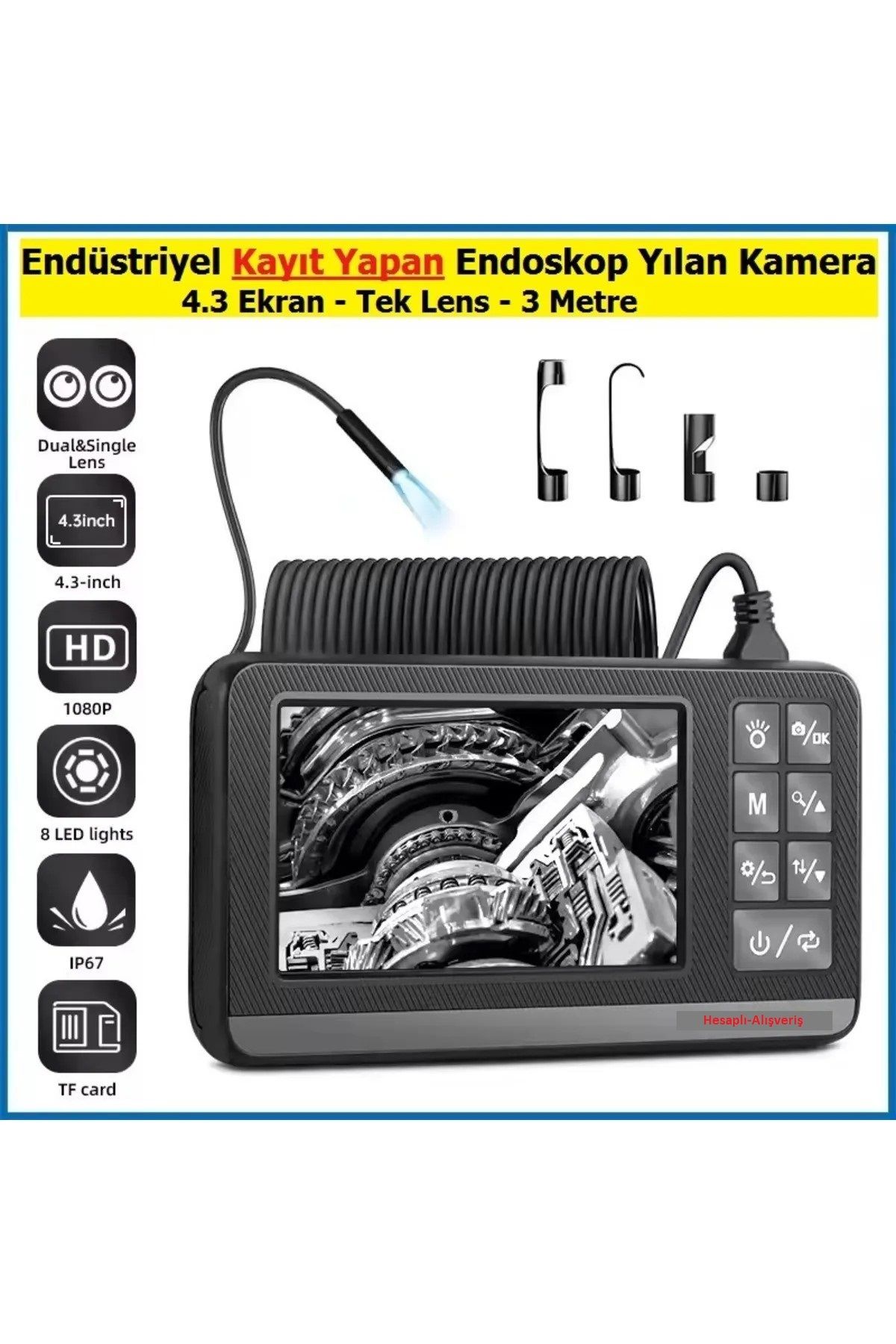 Hesapli Alisveris Kayıt Yapan Endüstriyel Endoskop Yılan Kamera 4.3 Ekran - Tek Lens - 3 Metre