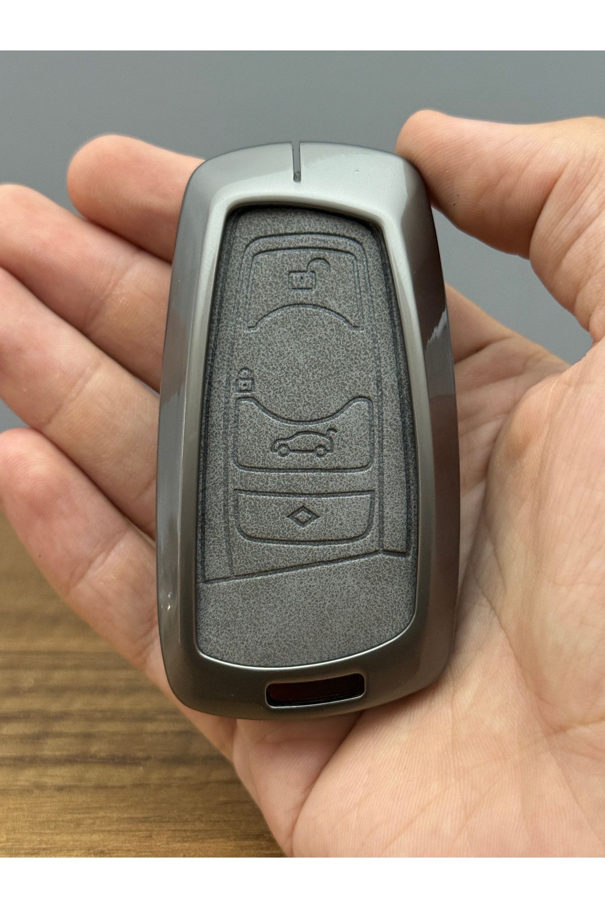 Mavi Keys BMW F30, F32, F10, F20 Smart Uyumlu 4 Düğmeli Deri Metal Anahtar Kumanda Koruma Kılıfı Gri Renk