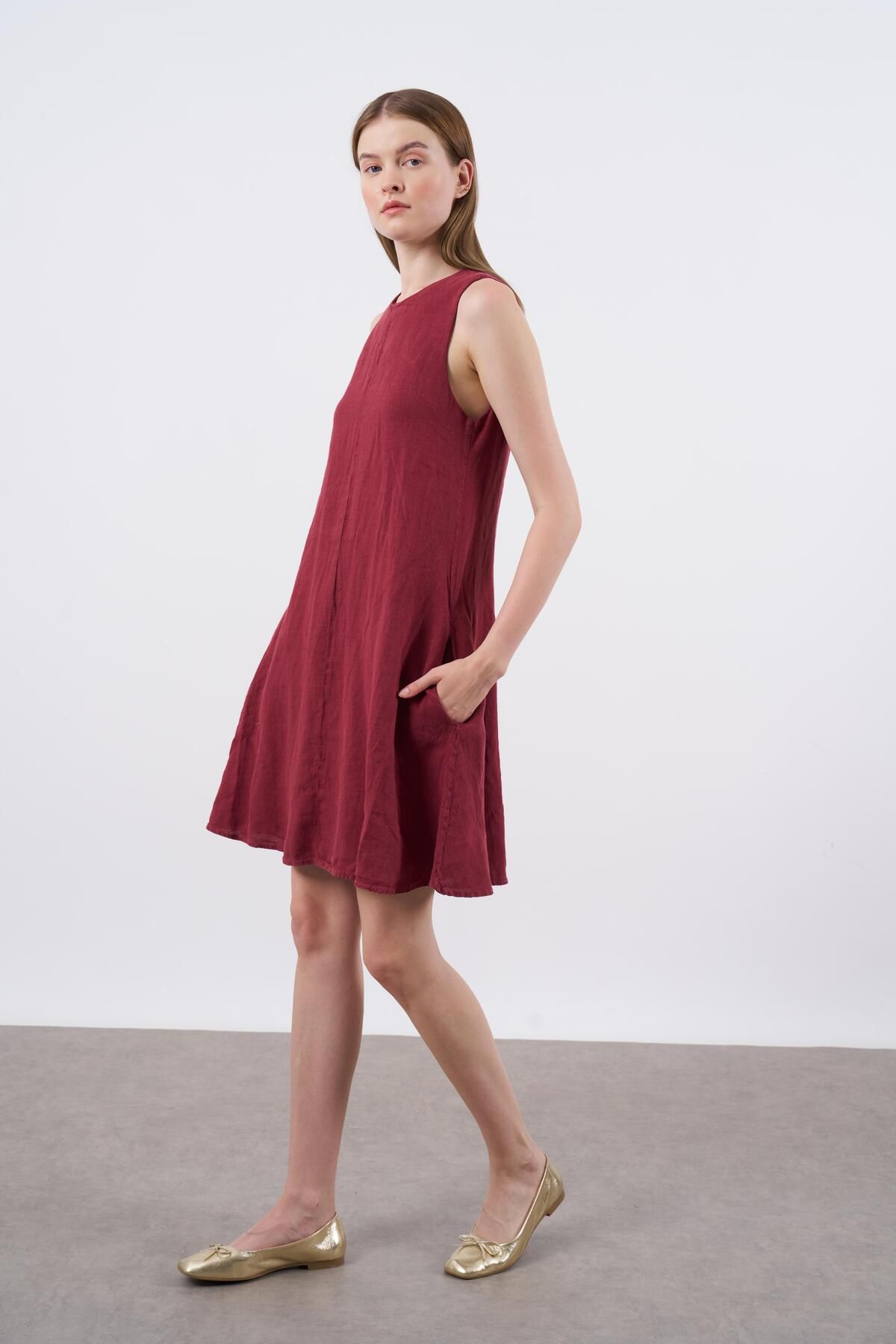 Telablanka HAM KETEN ELBİSE_BORDO