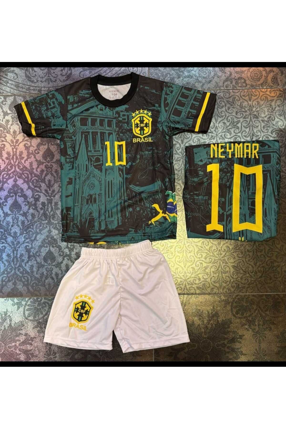 Alaturka Mix Brezilya Özel Tasarım Kısa Kollu Çocuk Forması Neymar Şort Çorap Bileklik Hediyeli