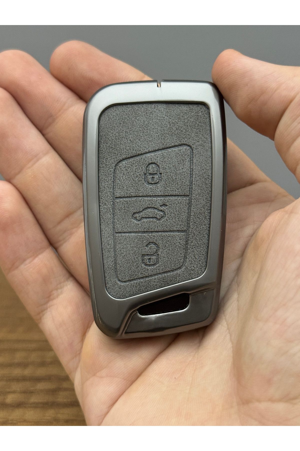 Mavi Keys Volkswagen Passat Skoda Oktavia Superb Seat Smart 3 Düğmeli Deri Metal Anahtar Koruma Kılıfı Gri
