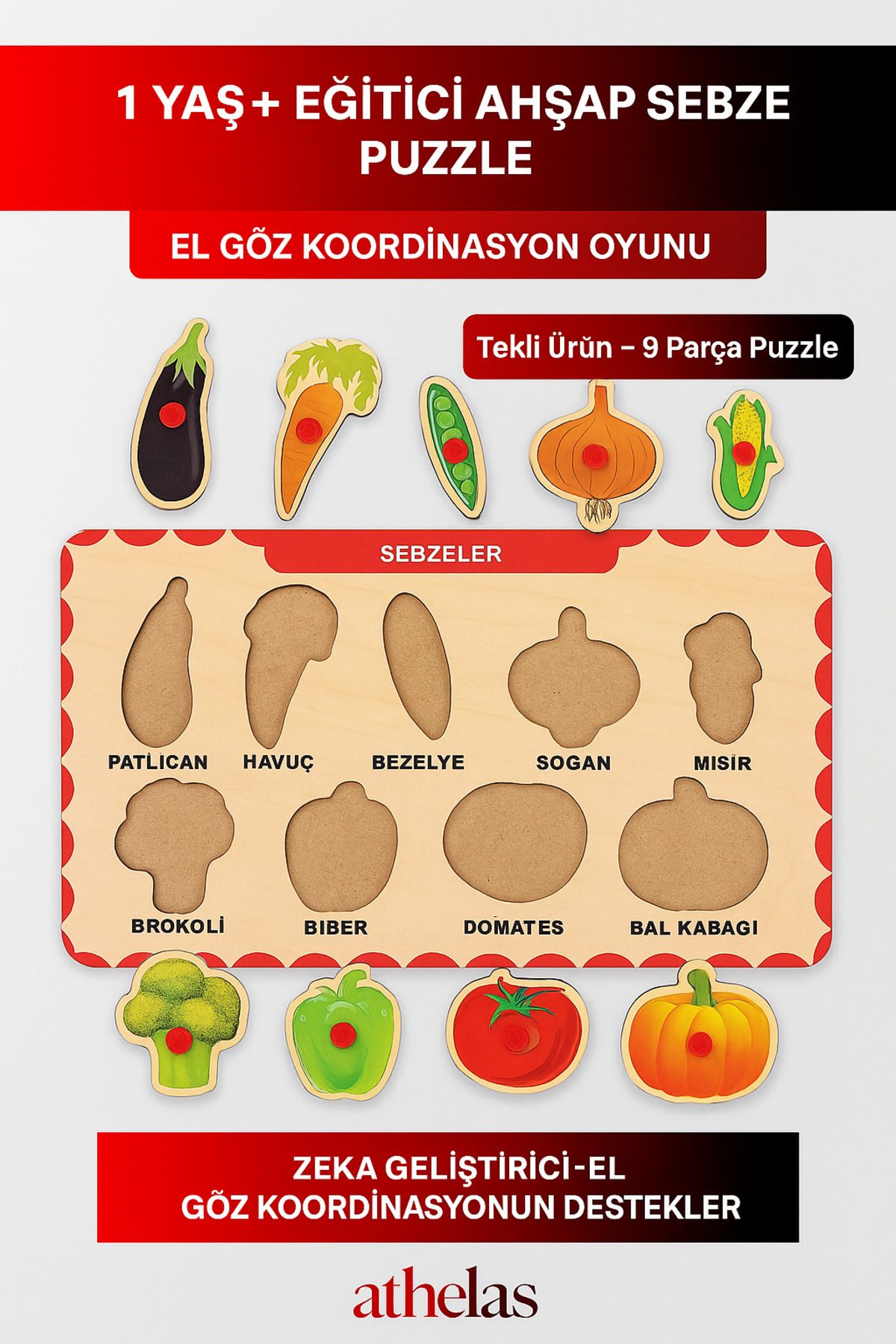 Athelas Özel Üretim Ahşap Anne Bebek Çocuk Sebzeler Eğitici Öğretici Dikkat Geliştirici Puzzle Oyun