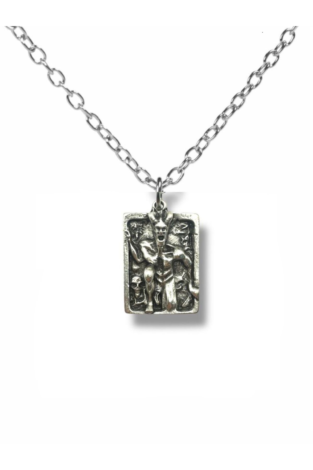 Herşey Nota Steel Skull Satan Rectangular Şeytan Kurukafa Figürlü Unisex Metal Kolye – 60 cm Zincir