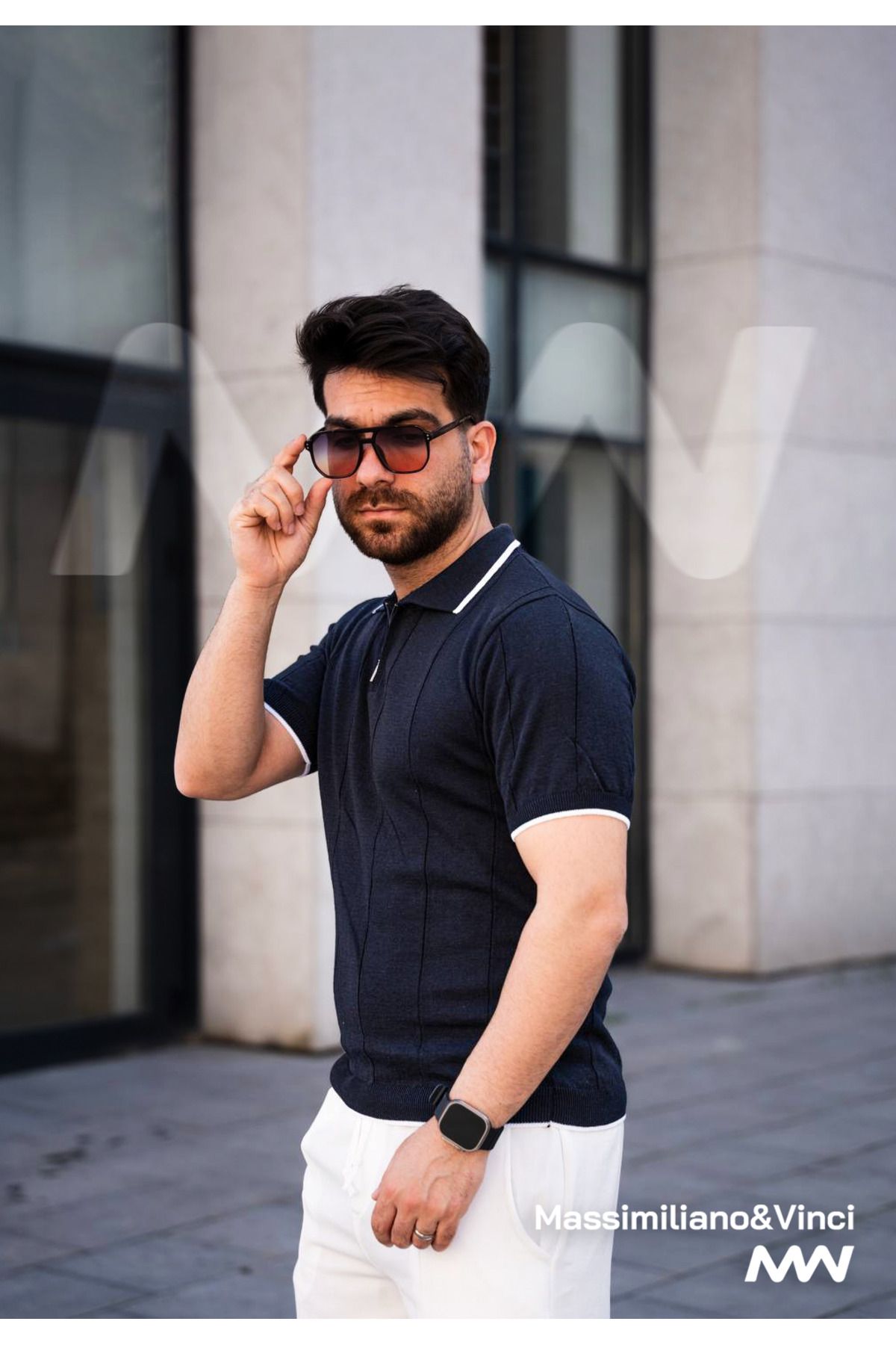 Massimiliano&Vinci Lacivert Fermuarlı Polo Yaka Çizgi Detaylı Triko T-Shirt