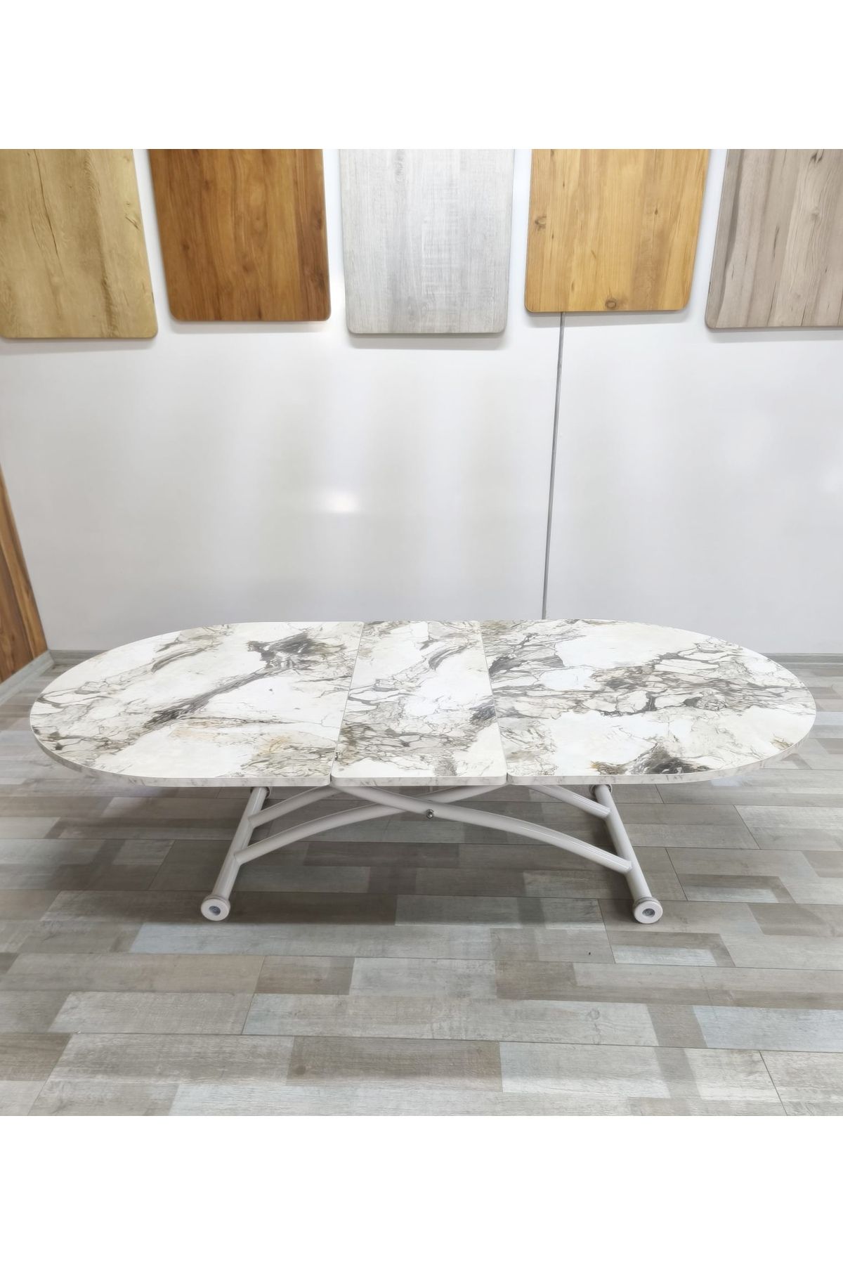 SEHPAM AKILLI Ortadan Açılır Akıllı Yemek Masası Oval Mdf Tabla Alt Mekanizma Metal Beyaz Renk