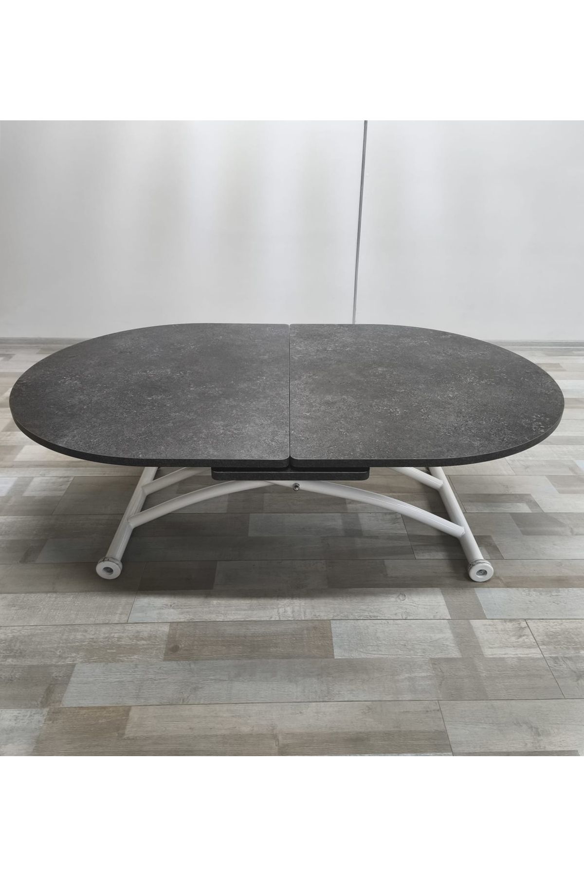 SEHPAM AKILLI Ortadan Açılır Akıllı Yemek Masası Oval Mdf Tabla Alt Mekanizma Metal Beyaz Renk