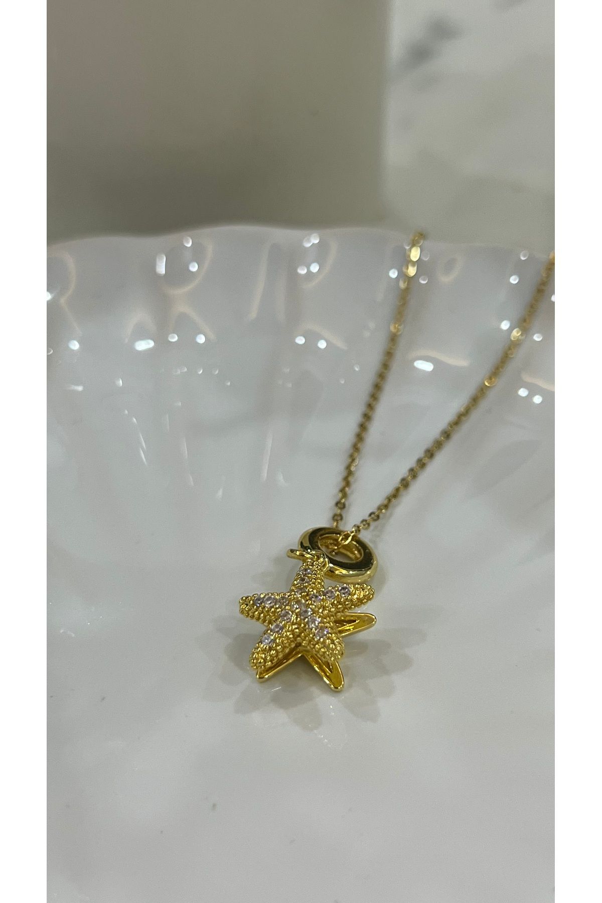 DUSK 316 L Çelik Gold ve Gümüş Renk Zirkon Taşlı Açılır Deniz Yıldız Model İnci Detay Kadın Kolye