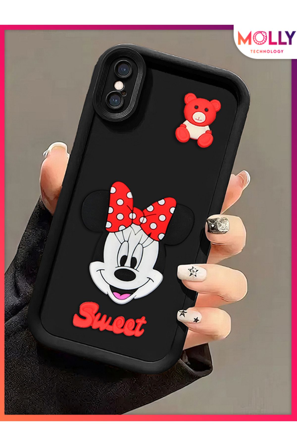 Molly iPhone XS MAX İçin Siyah Kenarları Kalın 3d Kabartmalı Sevimli Minnie Silikon Kılıf