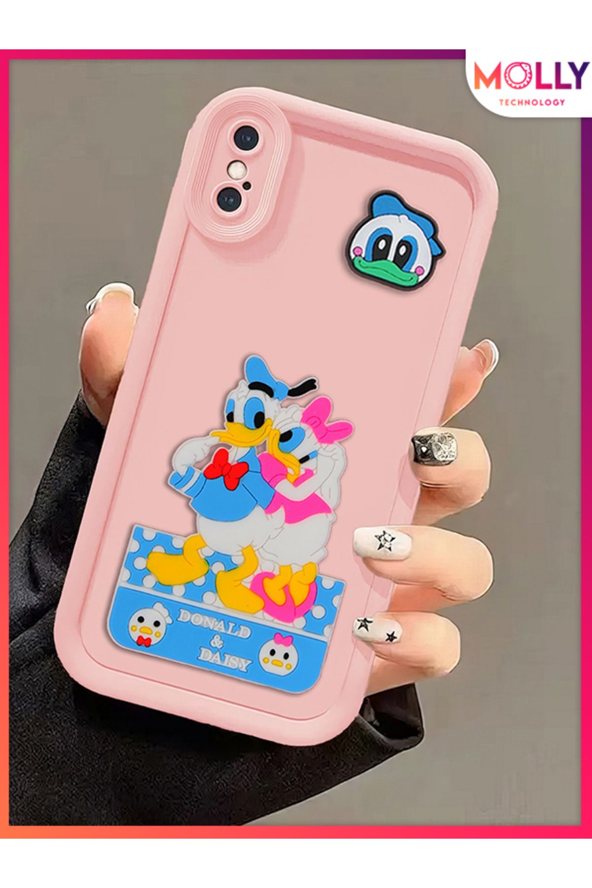 Molly iPhone XS MAX İçin Kum Pembesi Kenarları Kalın 3d Kabartmalı Donald Daisy Silikon Kılıf