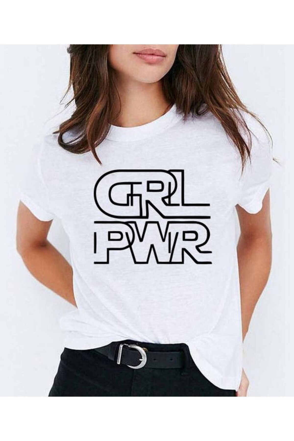 MAGORS GIRL POWER BASKILI PAMUKLU BİSİKLET YAKA NORMAL KALIP KISA KOLLU KADIN VE ÇOCUK TSHIRT