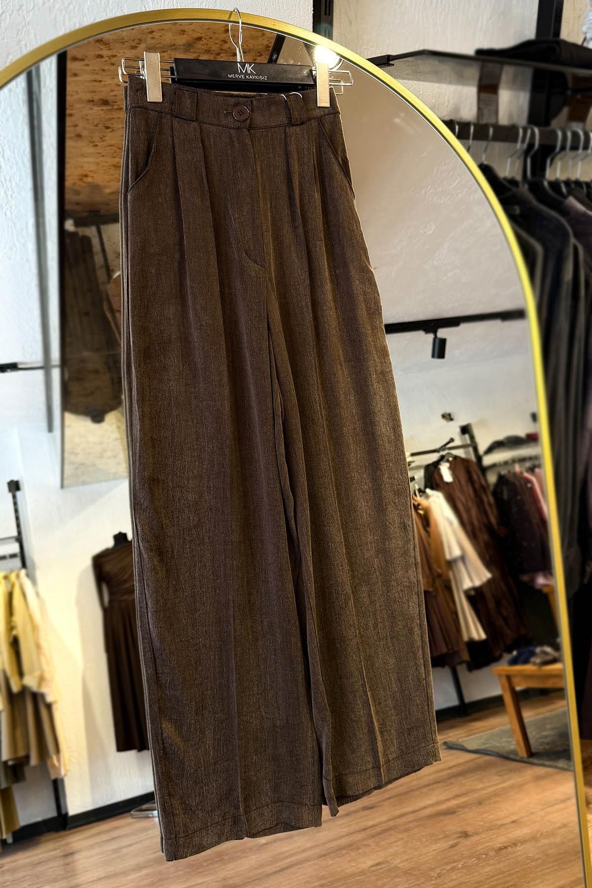 MERVE KAYKISIZ İpek Bol Pantalon Kahve Rengi