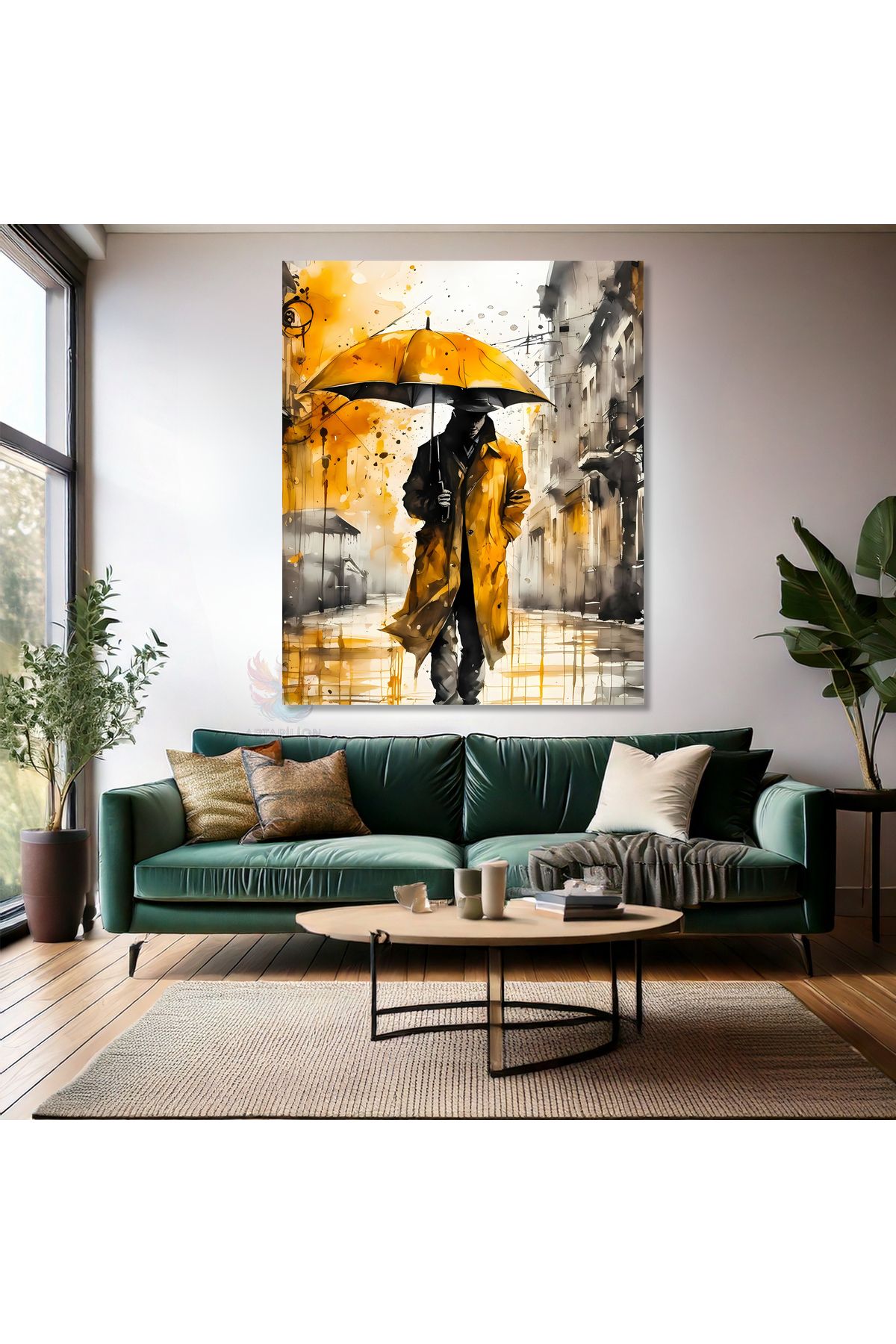 Artarilion Sarı Şemsiyeli Adam Kanvas Tablo Modern Salon Tablosu Yeni Ev Dekoru