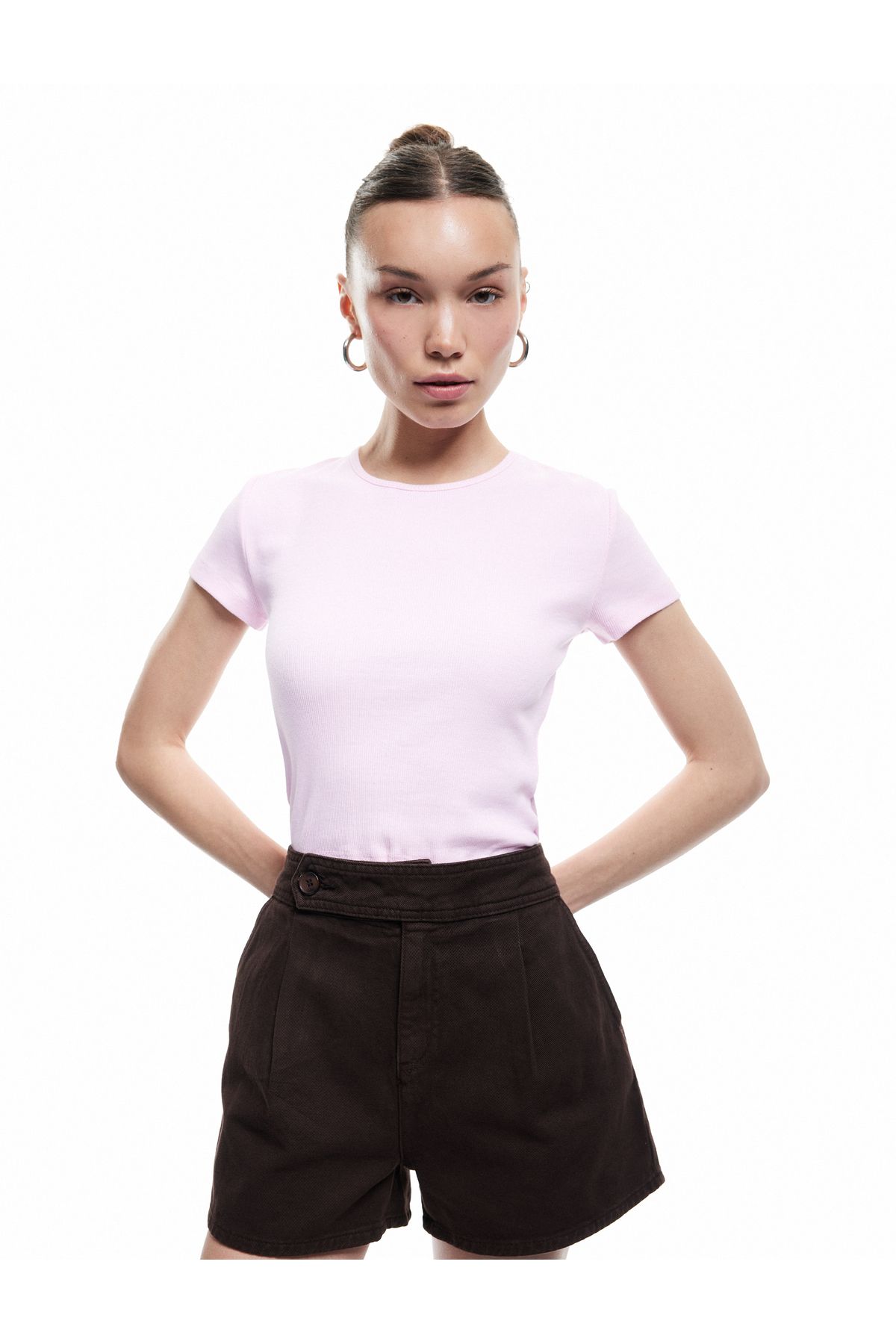 Koton Yeni Sezon Crop Bisiklet Yaka Kısa Kollu Slim Fit Basic Kadın Tişört