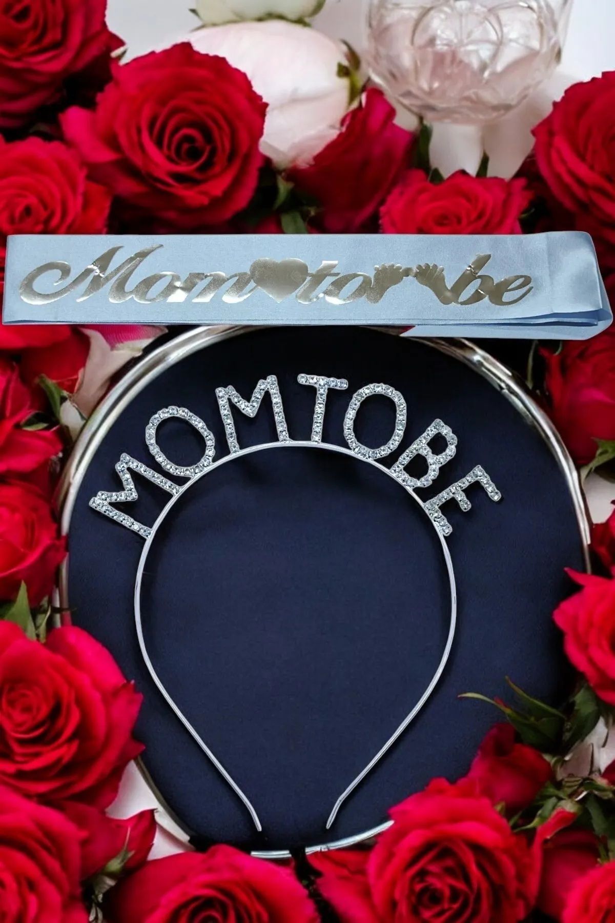 Azebu Mom To Be Metal Taç Ve Kuşak & Baby Shower Set & Mavi Gümüş Kuşak Taşlı Gümüş Taç