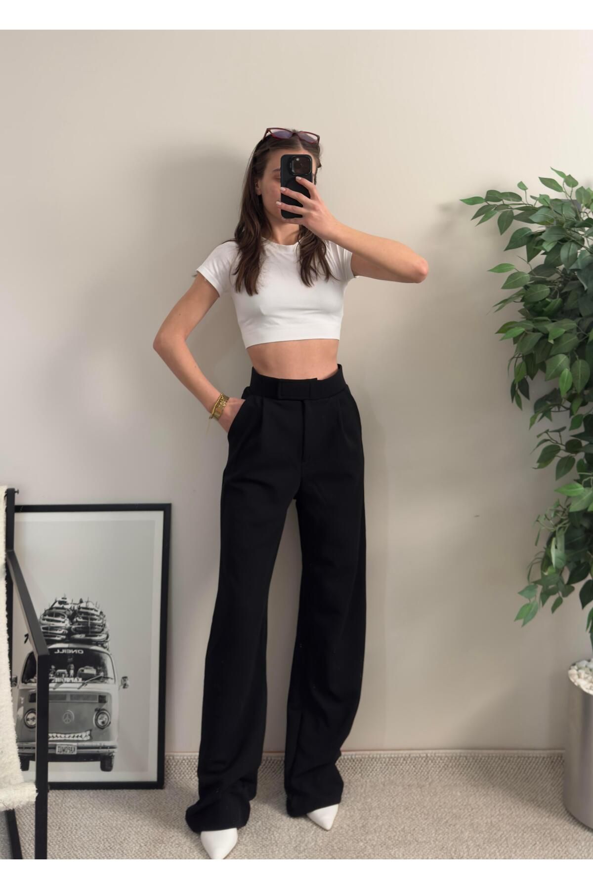 LUVESSE Tonila Siyah Kemer Cırtlı Pantolon