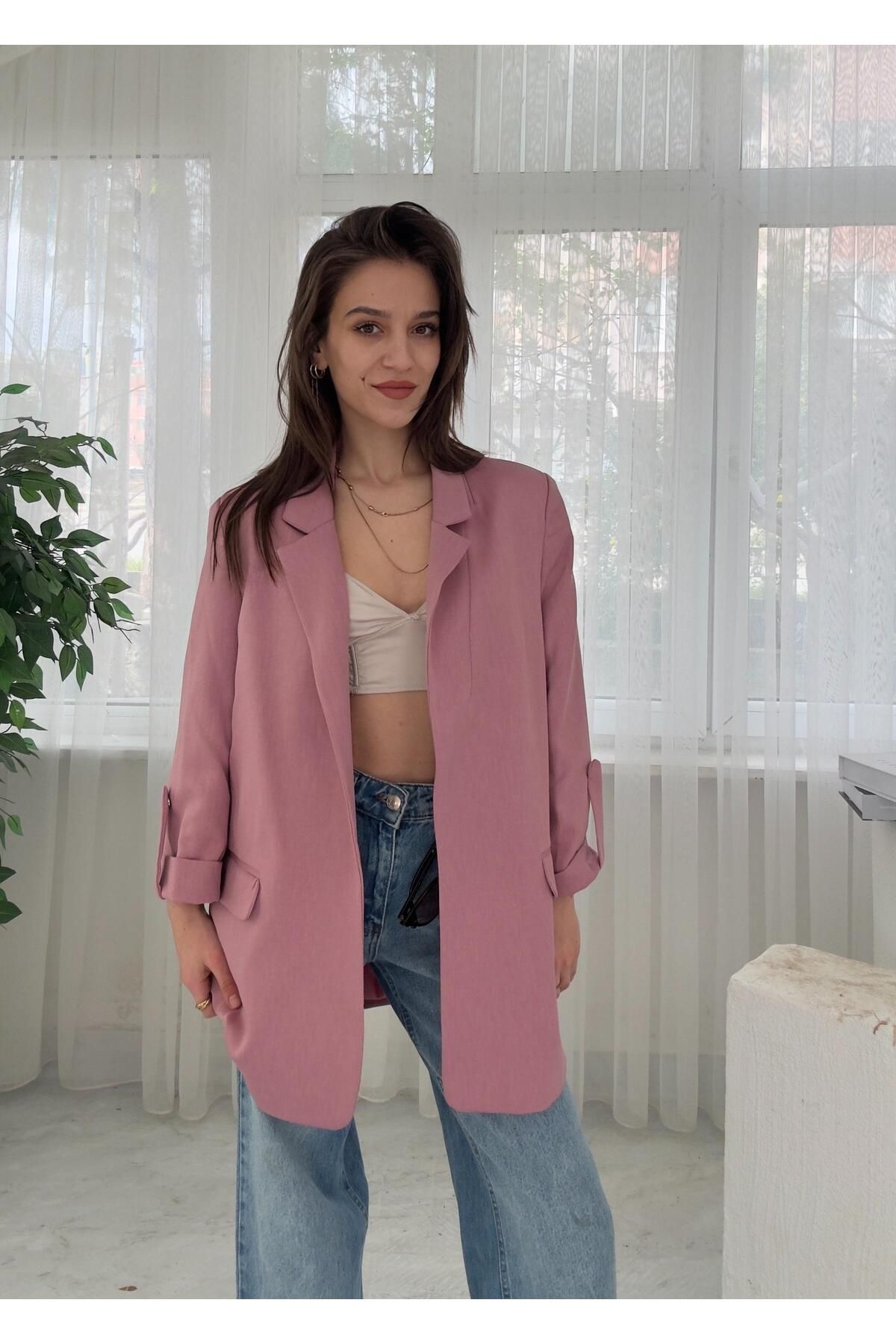 LUVESSE Pudra  Kol Katlamalı Poliviskon Blazer