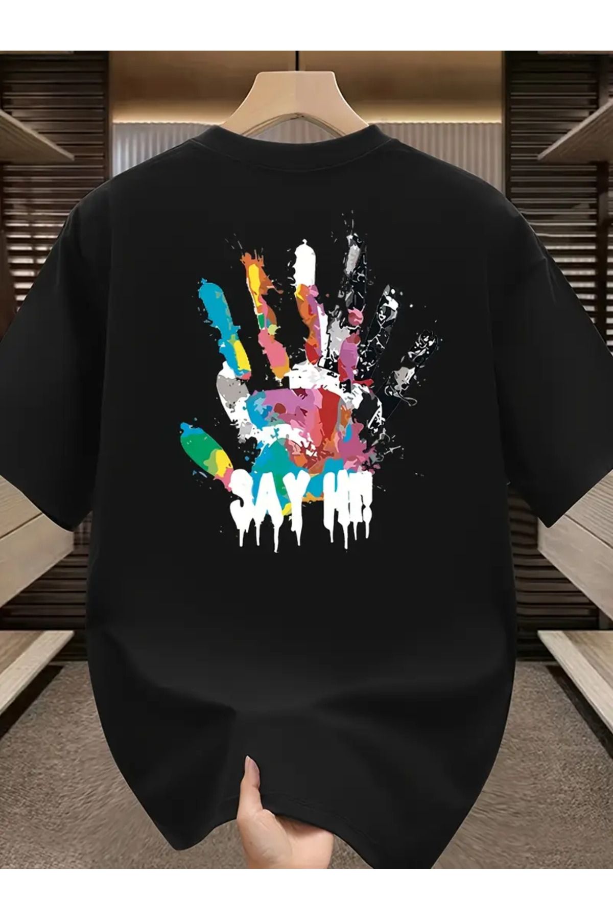AEMİ Unisex Say Hi Baskılı Oversize Bisiklet Yaka T-shirt