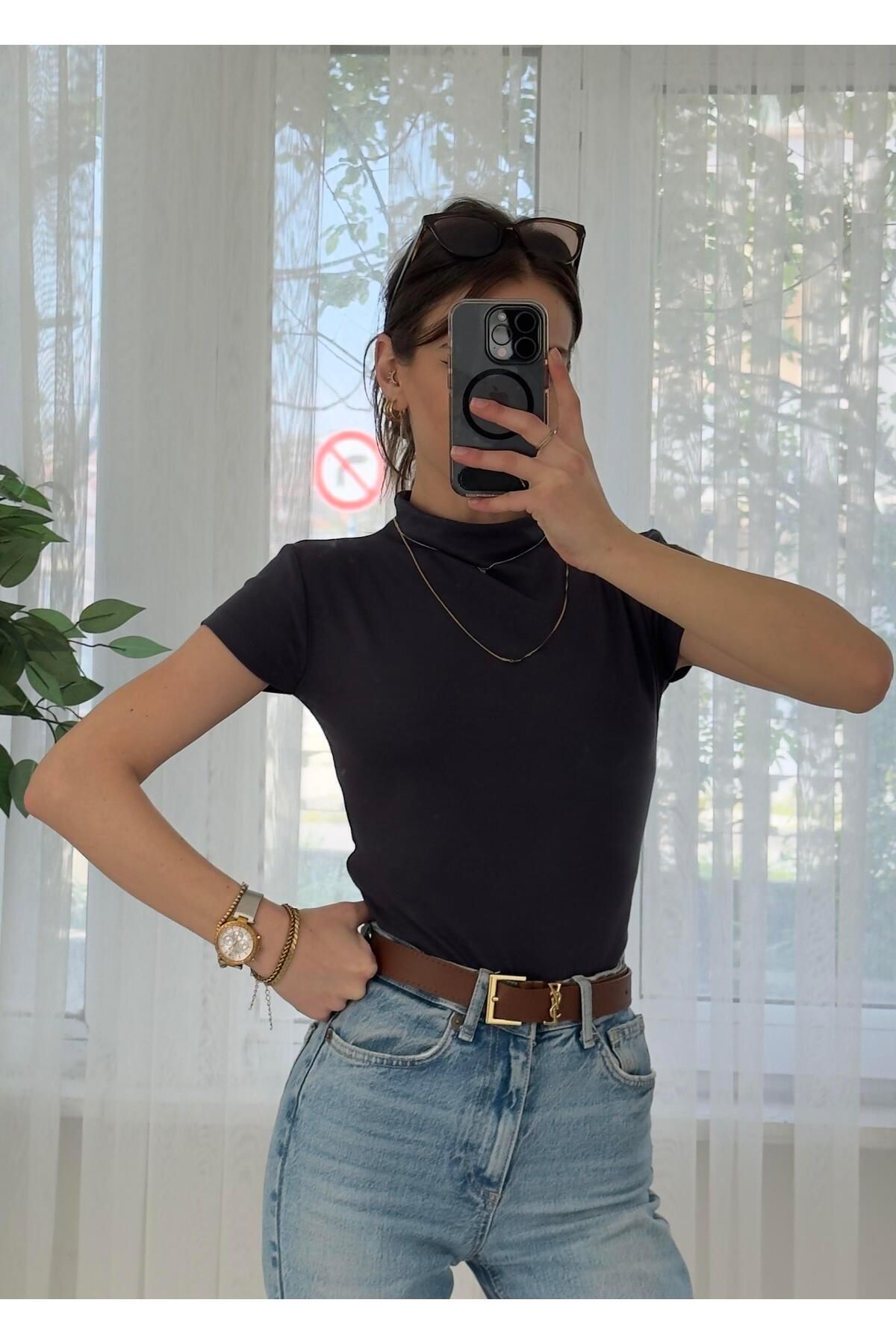 LUVESSE Buzzy Antrasit Bebe Kol Basic Yaka Tshirt