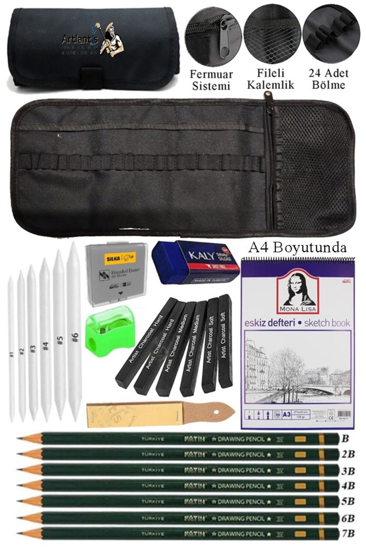 Artlantis A4 Telli Eskiz Defteri Monalisa Spiralli Kömür Kalem Karakalem Rulo Kalemlik Siyah 24 Bölmeli Derece