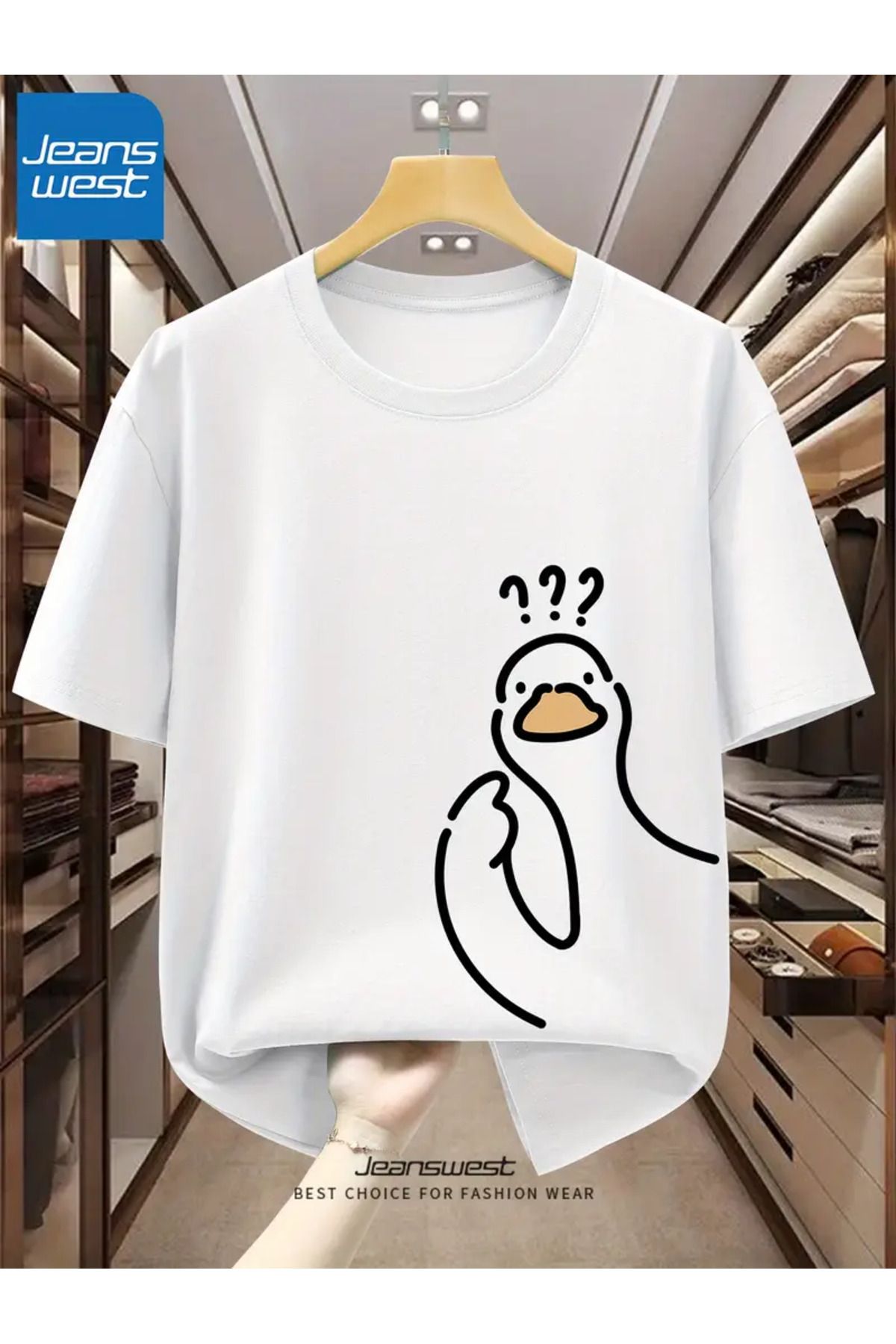 AEMİ Unisex Surprised Duck Baskılı Oversize Bisiklet Yaka T-shirt