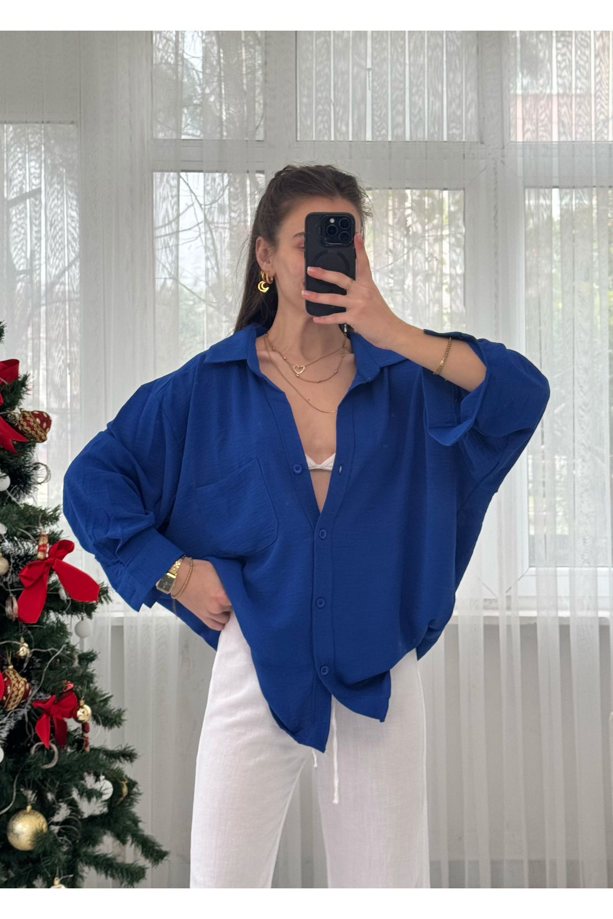 LUVESSE Saks İthal Ayrobin Tek Cepli Oversize Gömlek