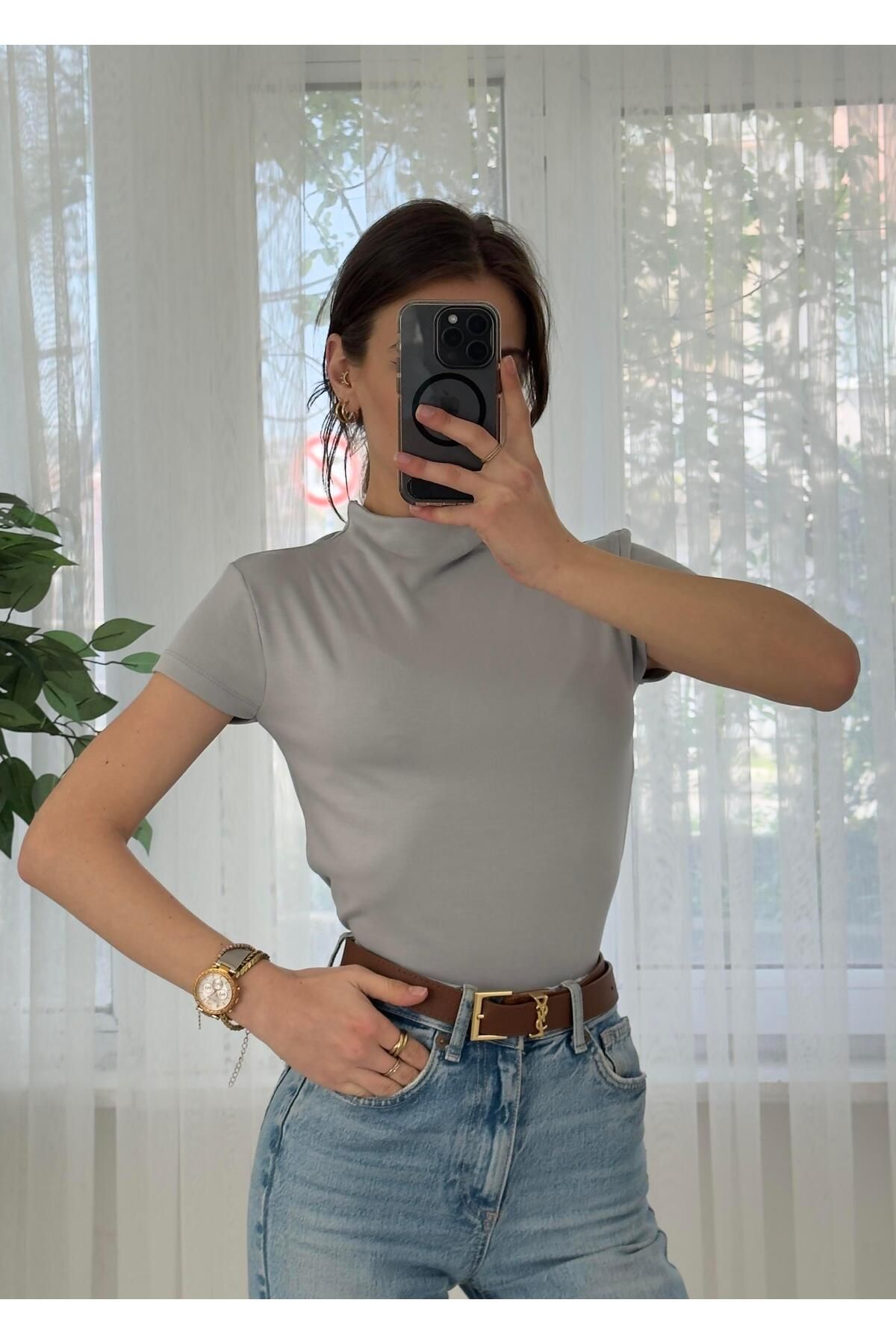 LUVESSE Buzzy Gri Bebe Kol Basic Yaka Tshirt