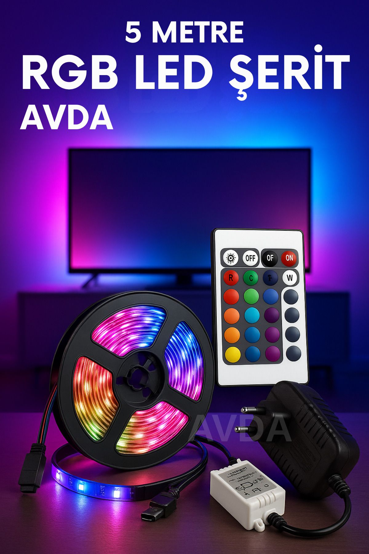 AVDA Tak Çalıştır RGB LED Şerit – 5 Metre Yapışkanlı, Renkli Işık Şerit Lamba