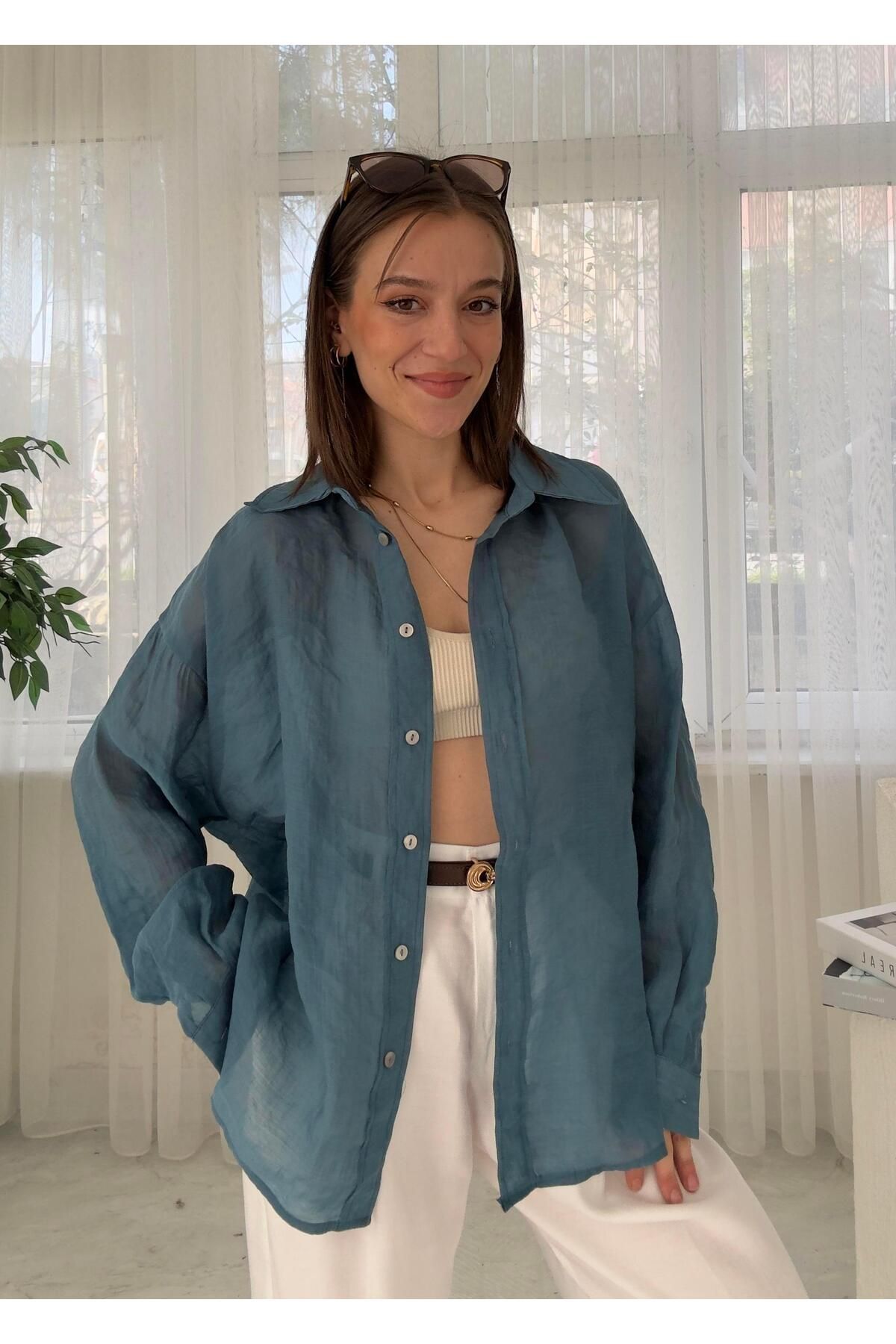 LUVESSE Voly Petrol Mavisi İpeksi Oversize Gömlek