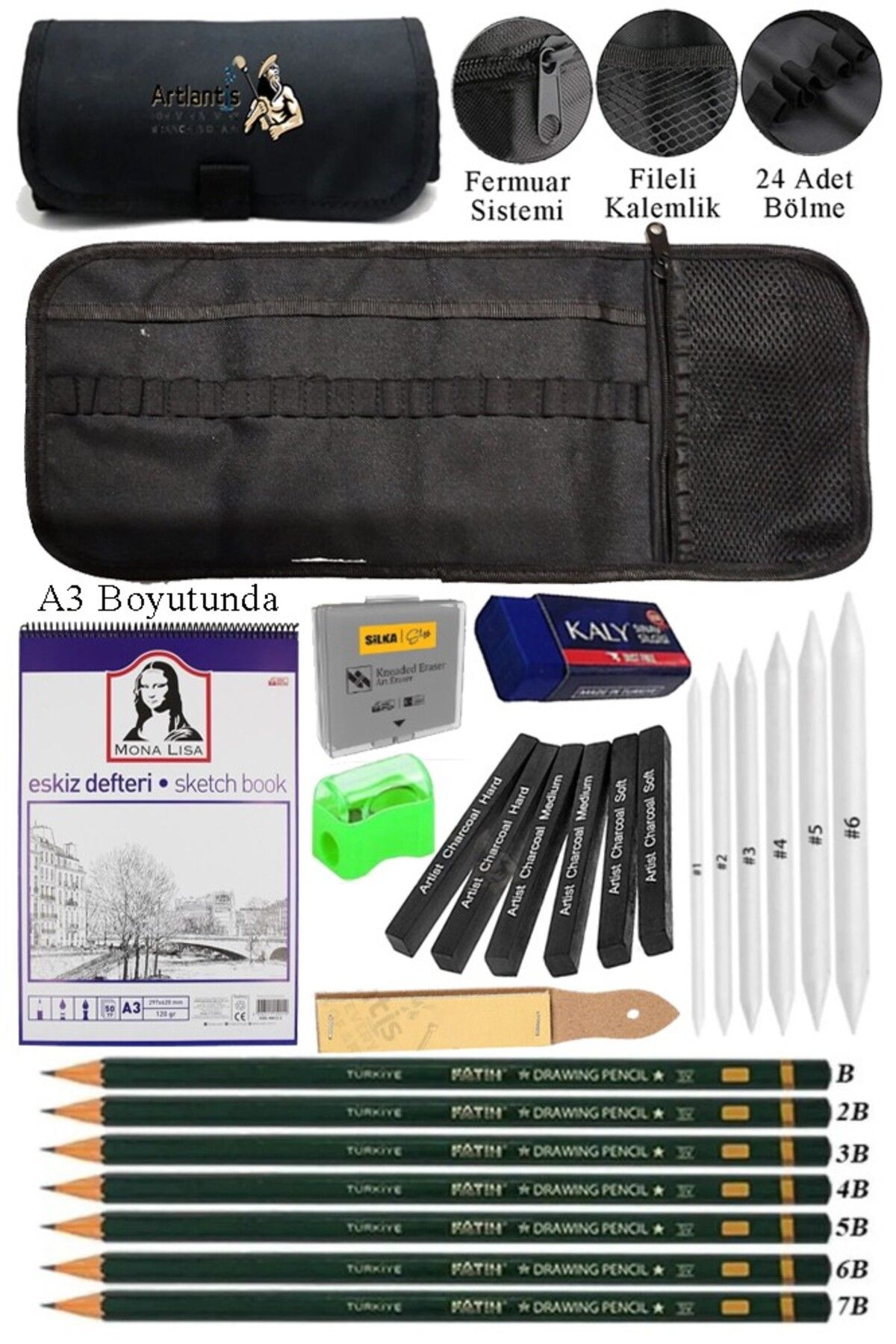 Artlantis A3 Telli Eskiz Defteri Monalisa Spiralli Kömür Kalem Karakalem Rulo Kalemlik Siyah 24 Bölmeli Derece