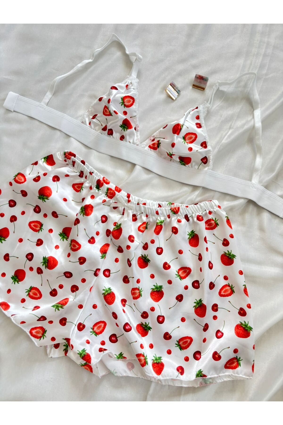 İNKO İÇ GİYİM Saten Desenli Dantel Detaylı Bralet Şort Takım