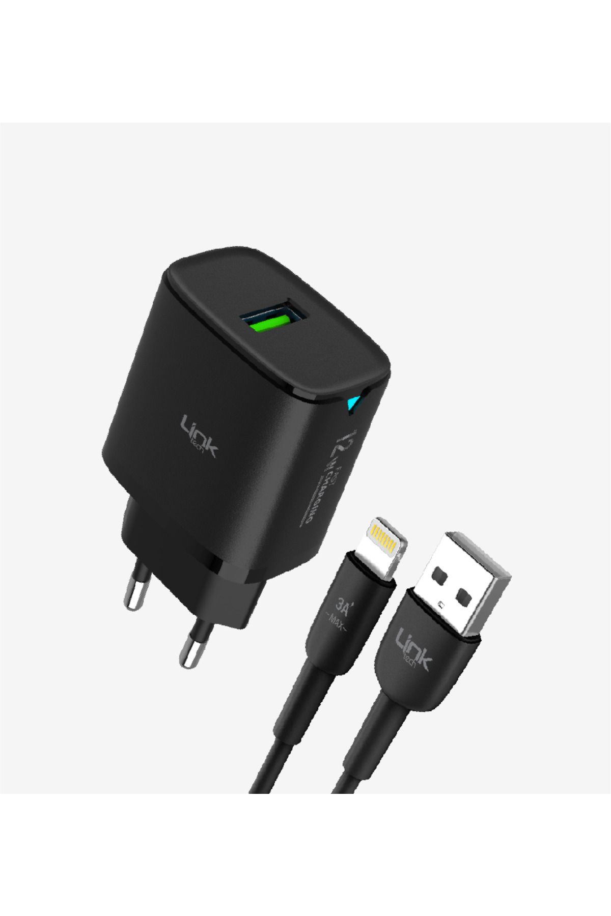 Linktech LİNK-TECH 12 W SİYAH ŞARJ ADAPTÖRÜ VE 2.4 A USB-A LİGHTNİNG ŞARJ SETİ