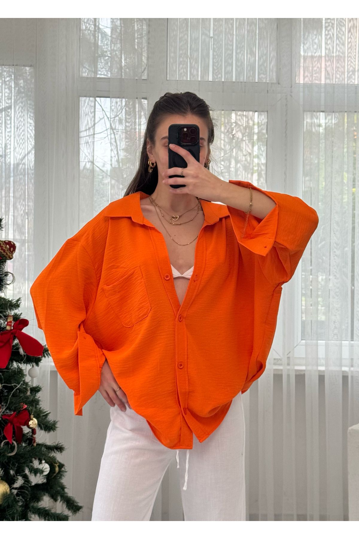 LUVESSE Turuncu İthal Ayrobin Tek Cepli Oversize Gömlek