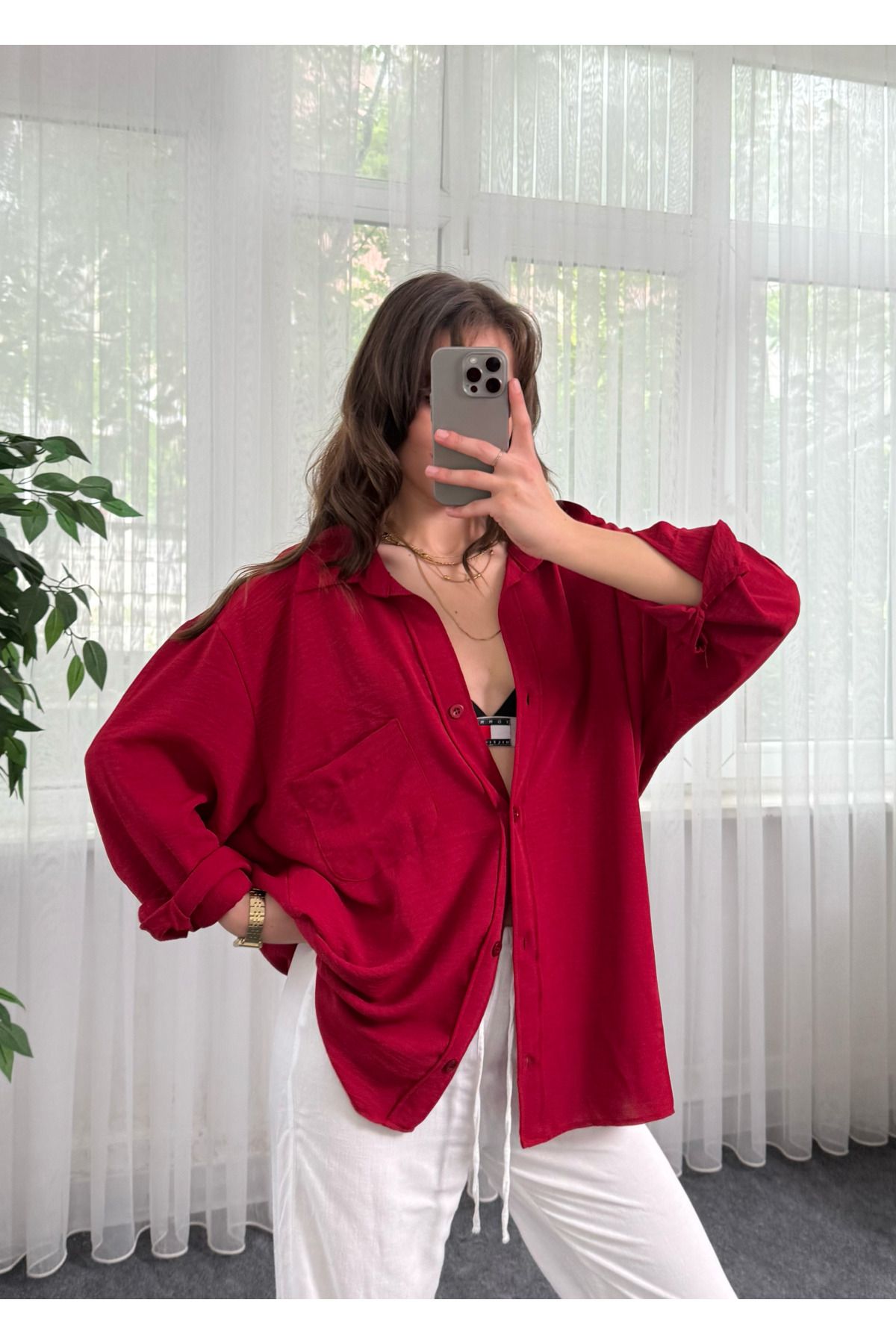 LUVESSE Bordo İthal Ayrobin Tek Cepli Oversize Gömlek