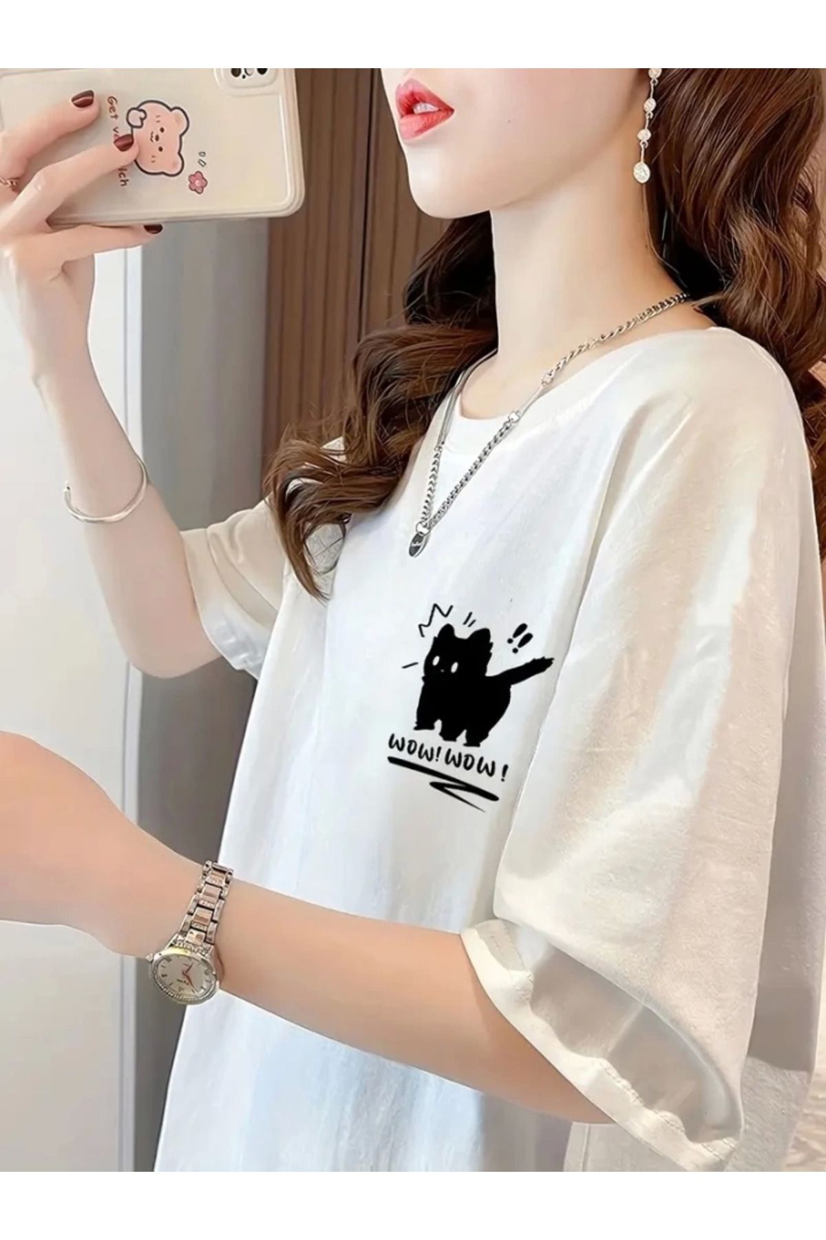 Omarı Baskılı Oversize Bisiklet Yaka T-shirt - Beyaz