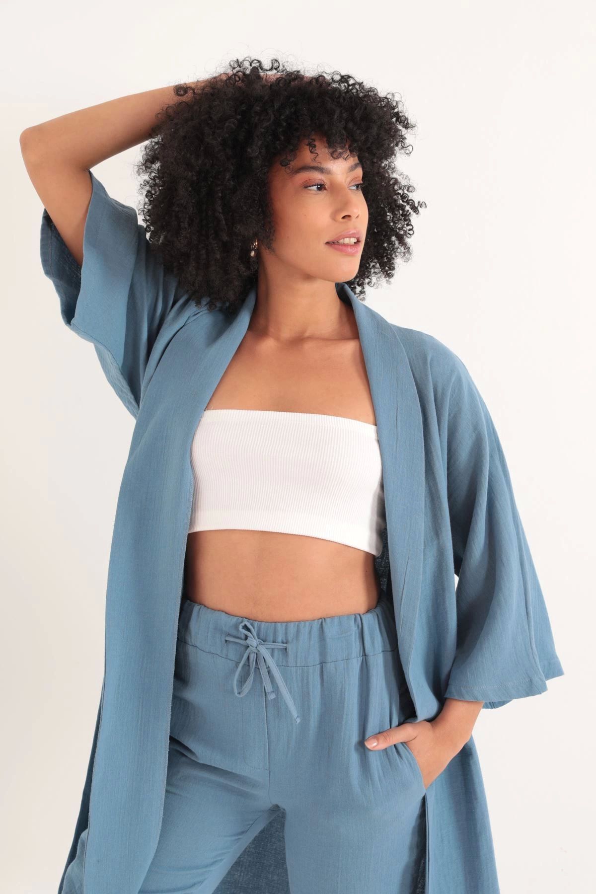 Omarı Modern Indigo Kimono Üst - Çarpıcı ve Şık Stil