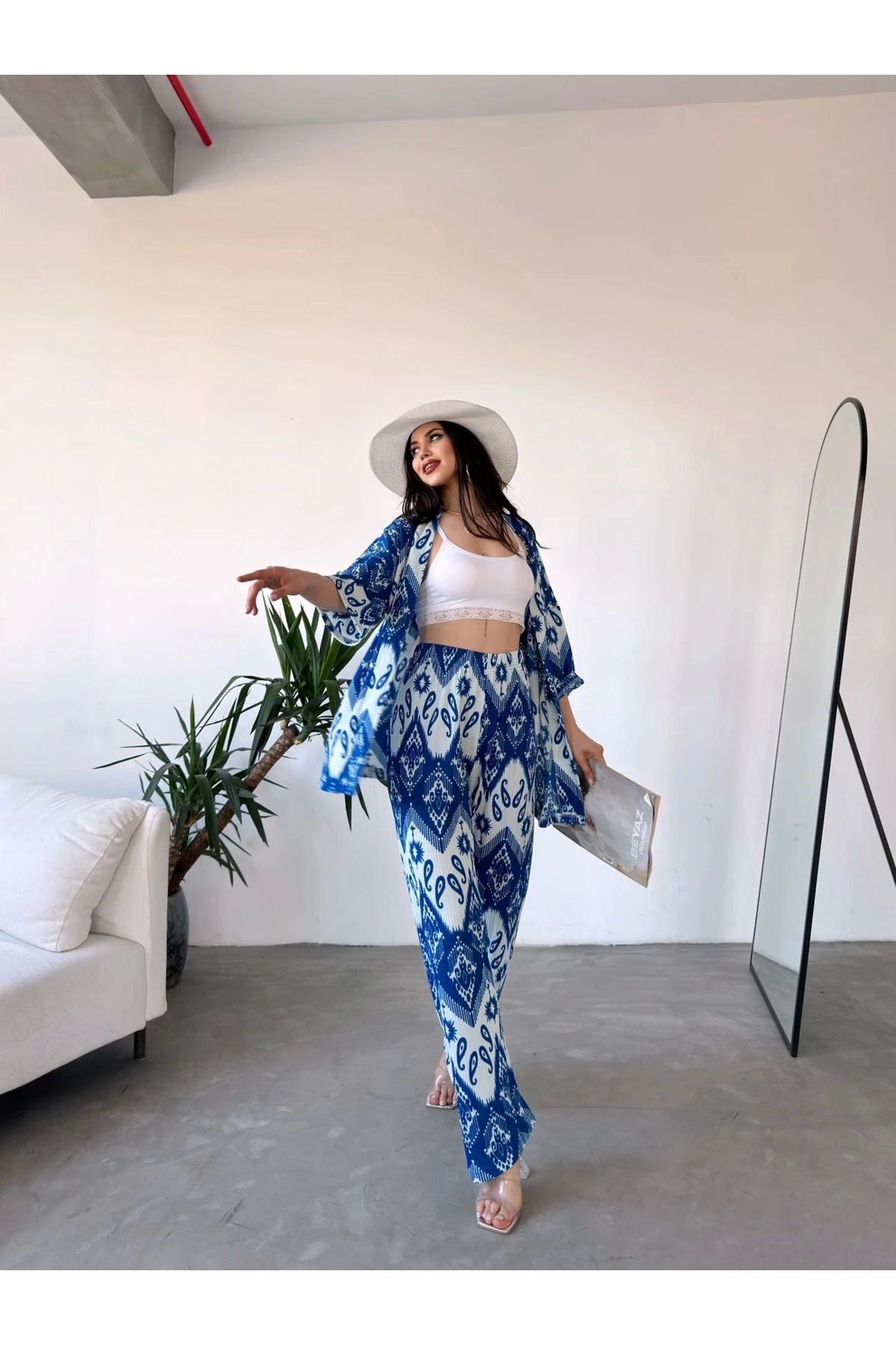 Omarı Desenli Kimono ve Pantolon İkili Takım