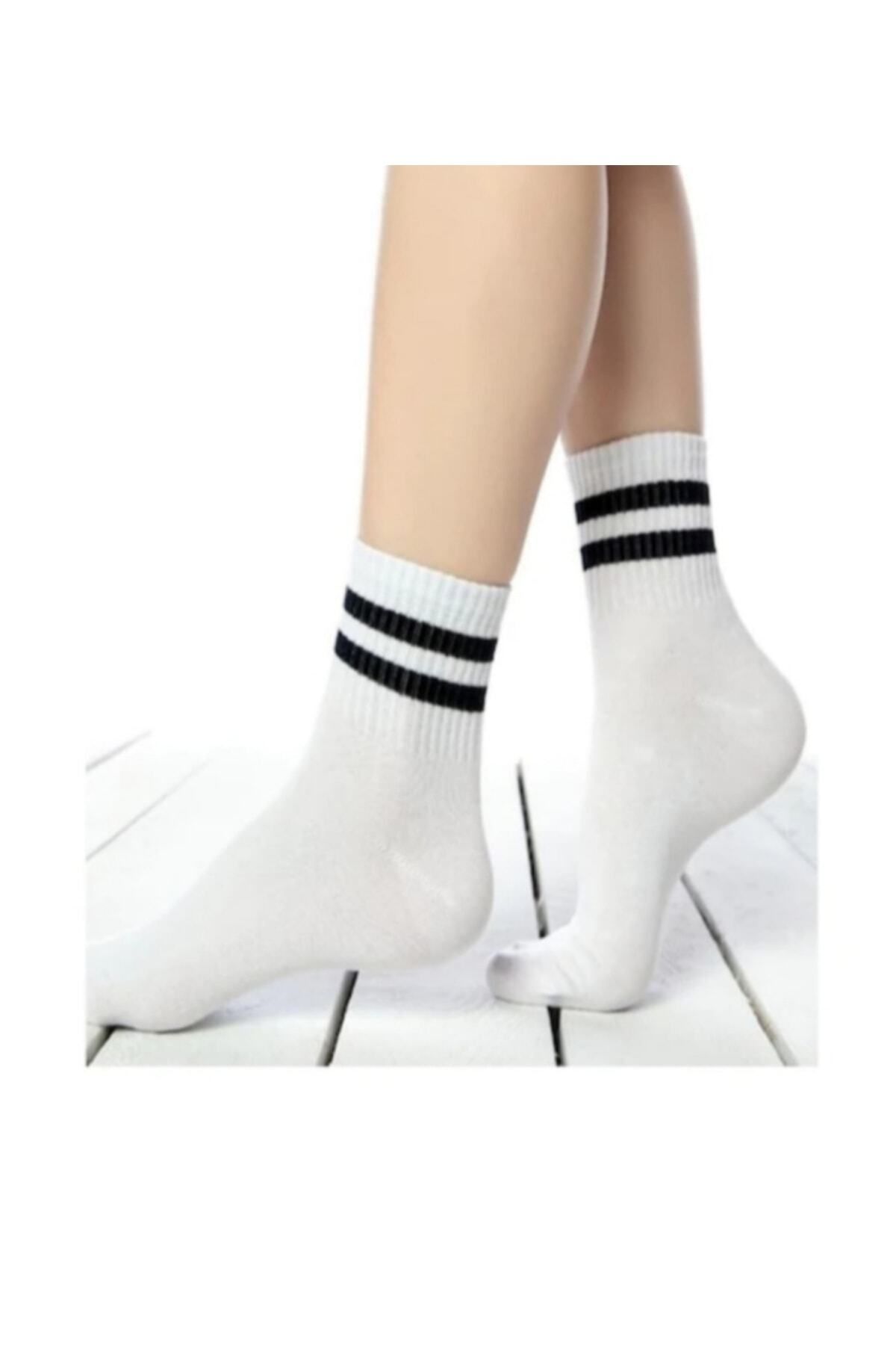 SİERNA Unisex Çizgili Beyaz Çorap -ml01 srn-002887
