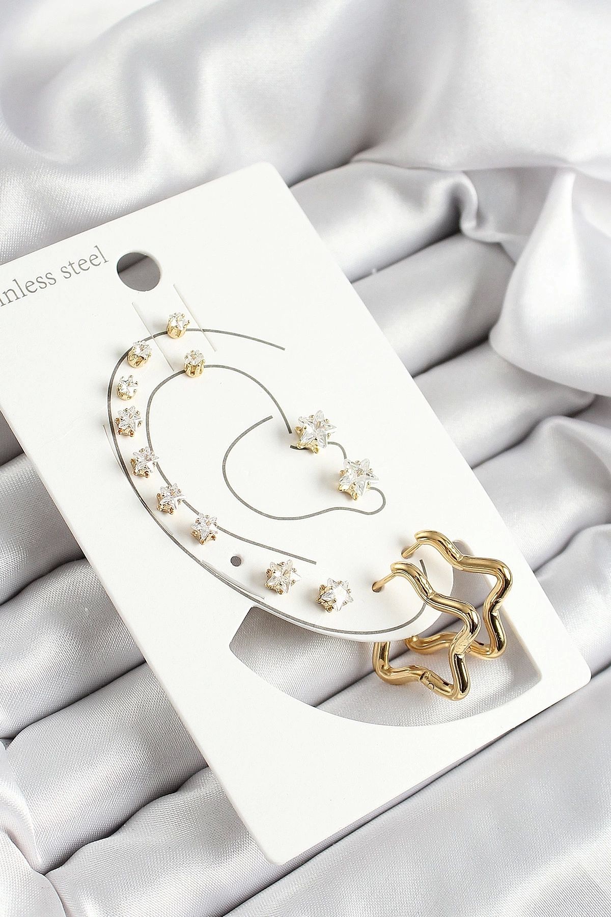 Clariss 316L Çelik Yıldız Figürlü Ve Zirkon Taşlı Gold Renk 7'li Çift Kadın Küpe Set
