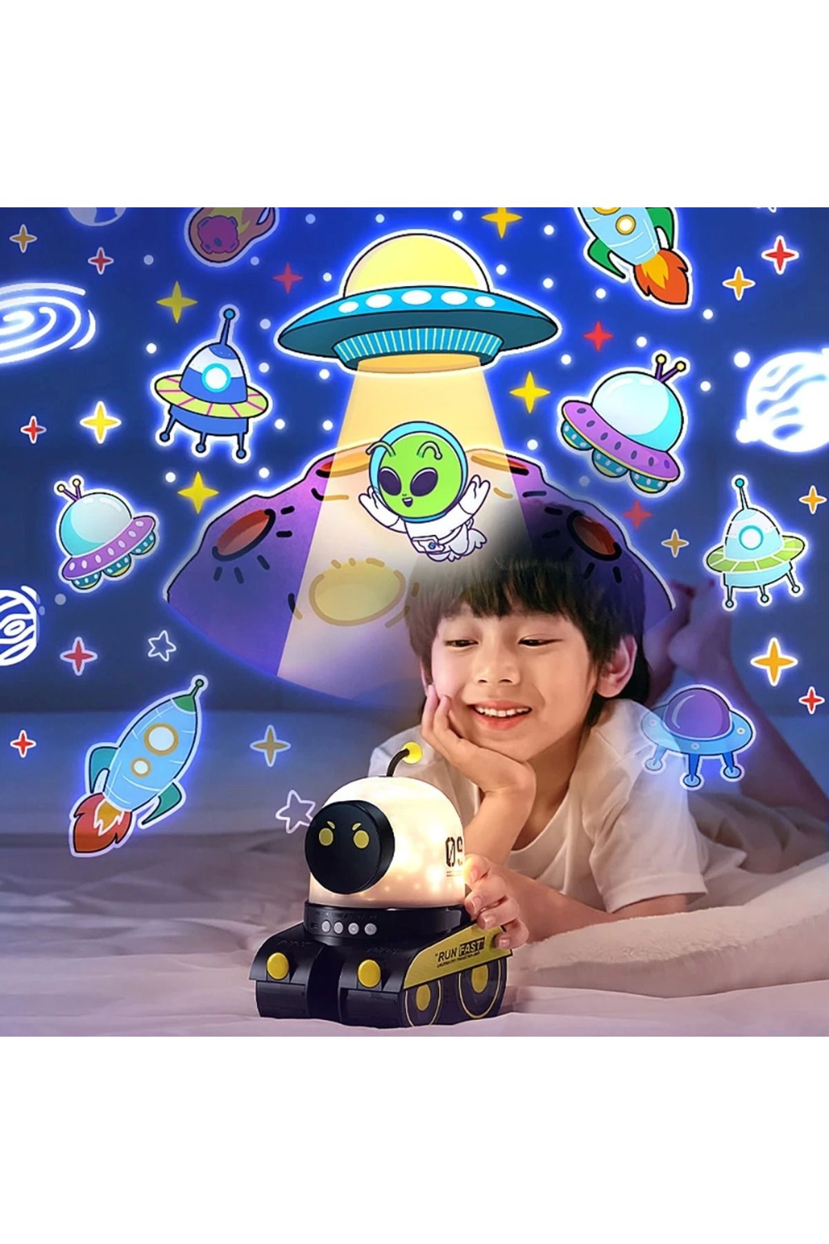 DENİZBİLİŞİM Çocuklar İçin Eğitici Eğlenceli Robot Figür Projektör Gece Lambası Uyku Arkadaşı