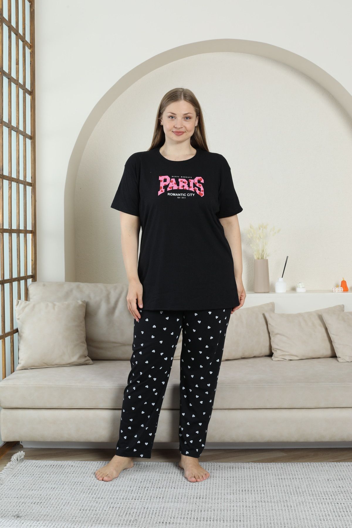 FAMESTEKSTİL PAMUKLU BÜYÜK BEDEN PİJAMA TAKIMI PARİS BASKILI ALT KALPLİ